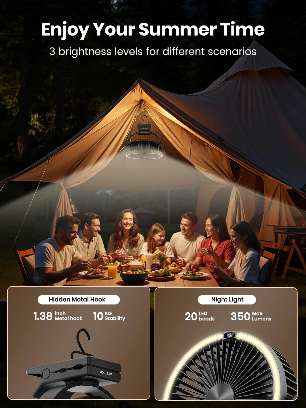 Warmco 15000mAh Portable Clip on Fan Rechargeable, 8 Inch Battery Powered Desk Fan, LED Lantern & Hook, 360° Rotate & 4 Speeds Strong Airflow for Camping Tent Office Outdoor Travel Golf Cart