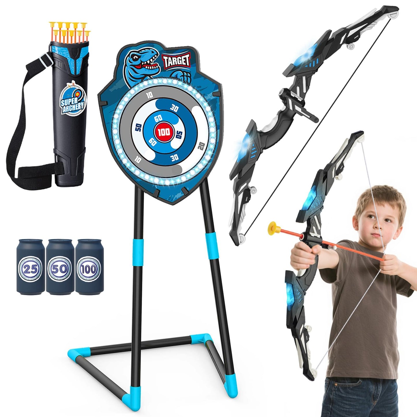 Kids LED Standing Archery Set with Bow & Arrows – Outdoor Sports Toy for Boys & Girls Ages 4-12, Safe & Fun Target Practice Game, Blue