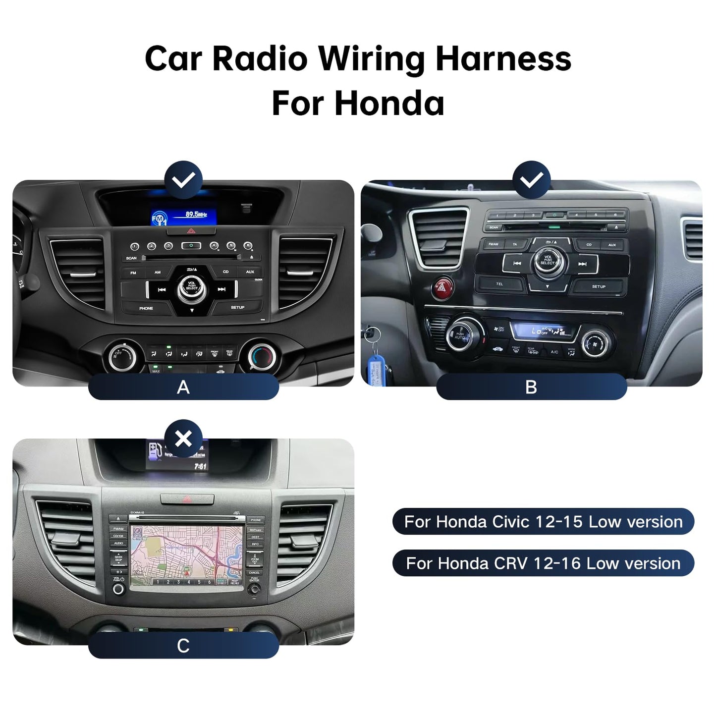 ViaBecs 16PIN Car Radio Wire Harness with Canbus Adapter for 2012-2016 Honda CRV 2.0L 2012-2015 Civic Support Steering Wheel Controls, Factory Backup Camera for Aftermarket Android Stereo Head Unit