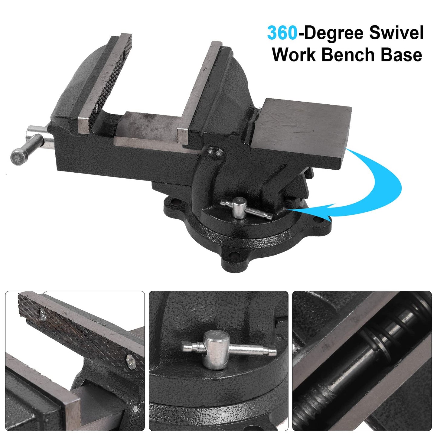 6" Heavy Duty Bench Vise, Pipe Vise Bench Vices with Anvil Swivel Table Top Clamp Locking Base, Double Swivel Rotating Vise Head& Body Rotates 360°-Black