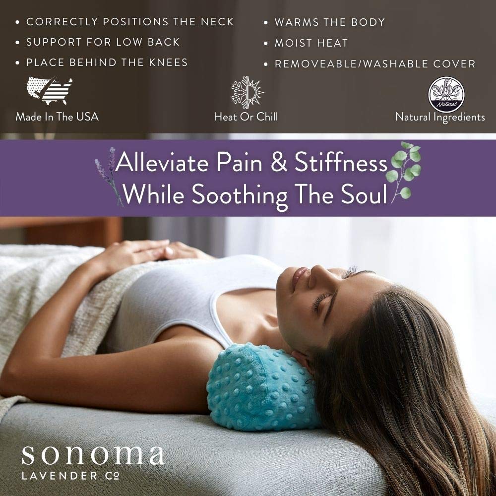 Sonoma Lavender, Lavender Bolster Roll, Microwaveable, Hot/Cold Neck Pillow, Soothing and Relaxing Pain Relief for Neck, Low Back or Behind The Knees, (Angora Platinum)