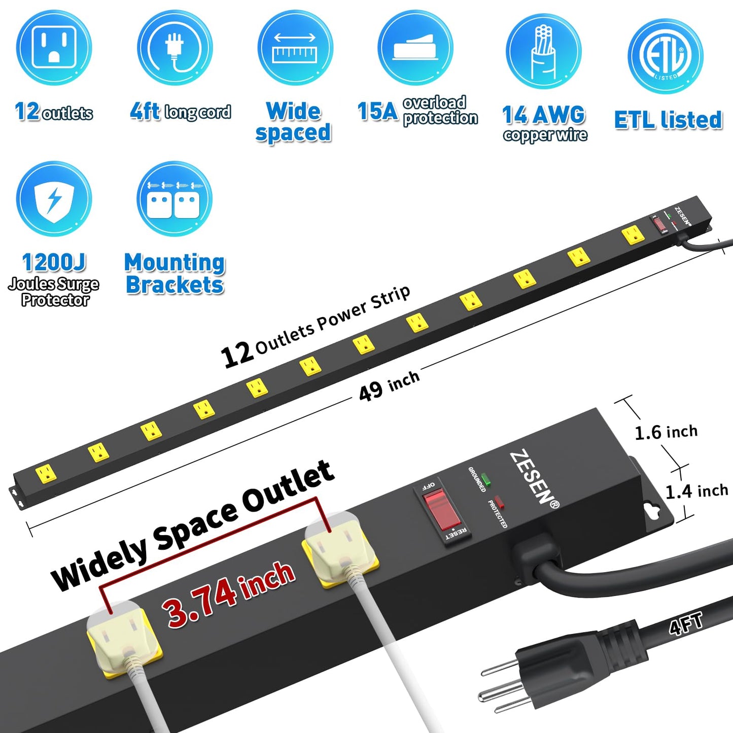 ZESEN 12 Outlet Long Power Strips Heavy Duty Garage Workshop Multi Wide Industrial Power Strip Surge Protector with 4ft Cord, ETL Certified, 1875W, Black