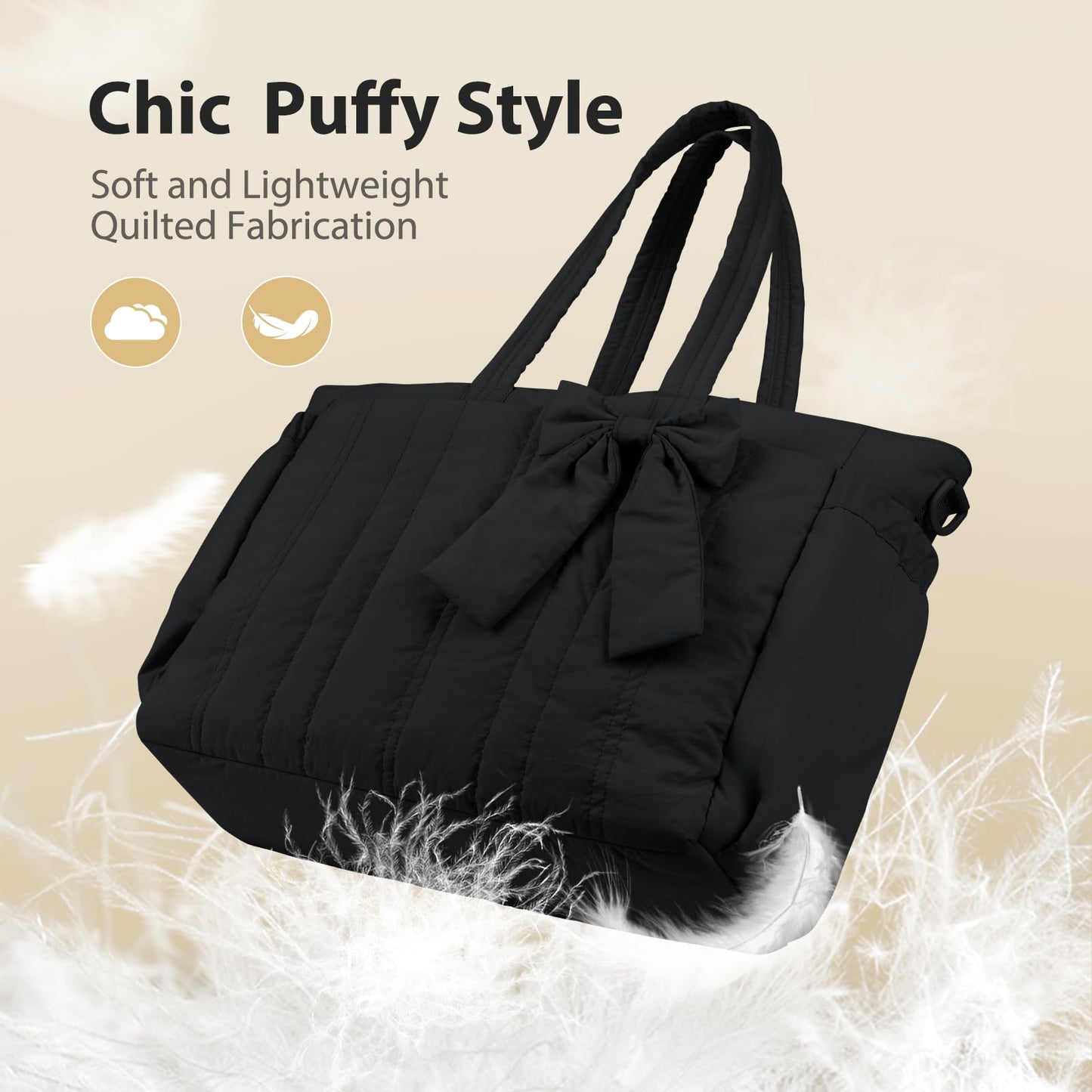 MOSISO Tote Bag for Women, Laptop Bags Handbag Work Tote Bag with Cup Holder & Bownot & 15-16 inch Laptop Compartment for Travel Work School, Lightweight Puffer Tote Bags with Trolley Sleeve, Black