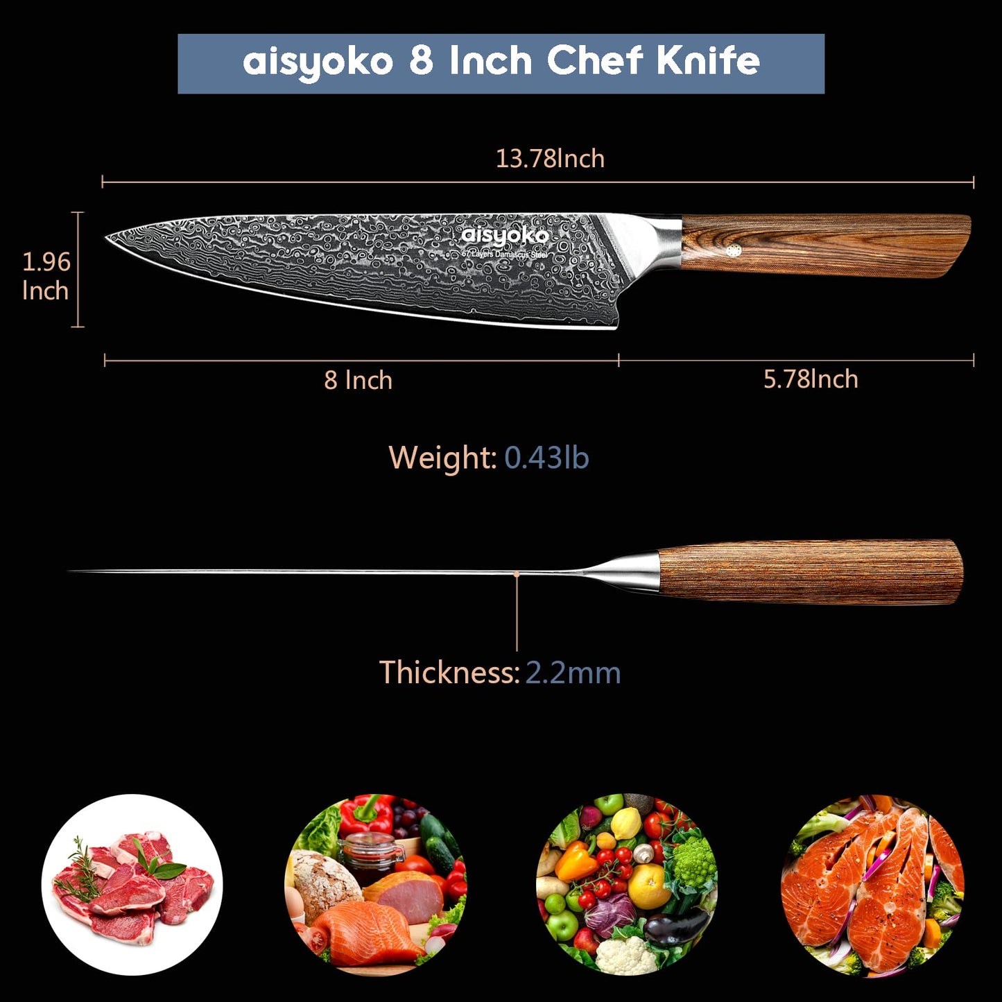 aisyoko Damascus chef knife 8-inch sharp kitchen knife Japan VG-10 stainless steel ergonomic color wooden handle luxury gift box - with scabbard