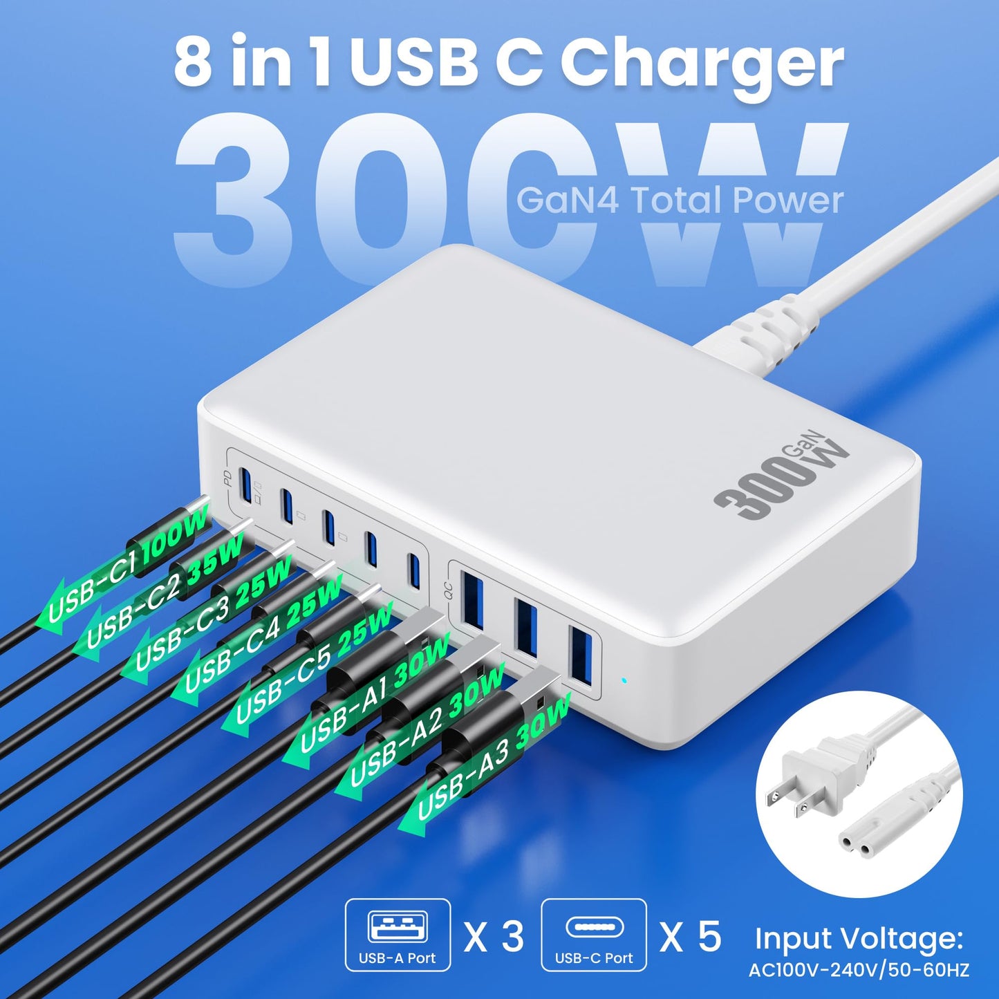 USB C Charger 300W USB C Charger Block 8-Ports GaN IV Fast Charging Station,PD 100W Laptop Charger Hub Wall Charger Adapter Compatible with MacBook/Air,DELL,Steam Desk,iPhone 16/15/14,Galaxy S24 etc