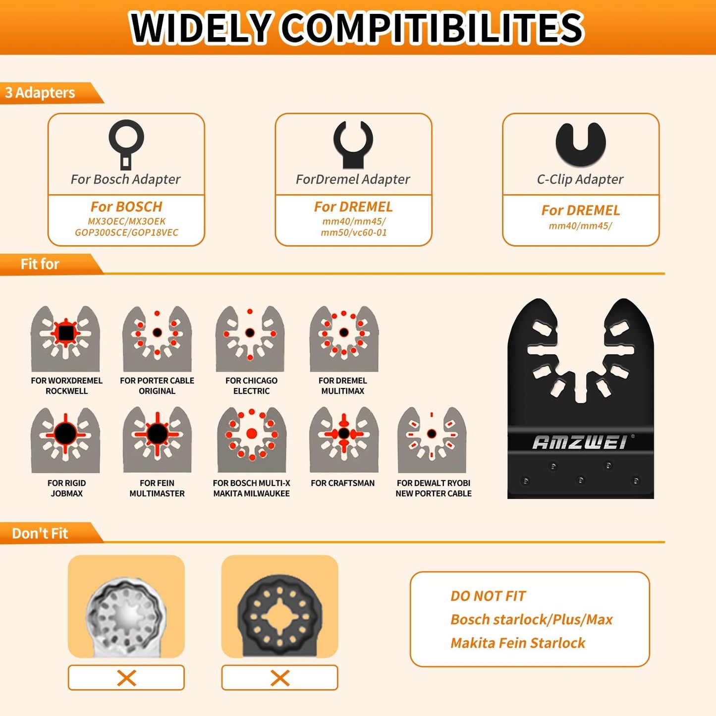 AMZWEI 100PCS Oscillating Tool Blades, Titanium & HCS Oscillating Saw Blades for Metal/Wood/Plastic Cutting, Curved Edge Multi Tool Blades Fit for Dewalt, Milwaukee, Makita, Ryobi, Rockwell