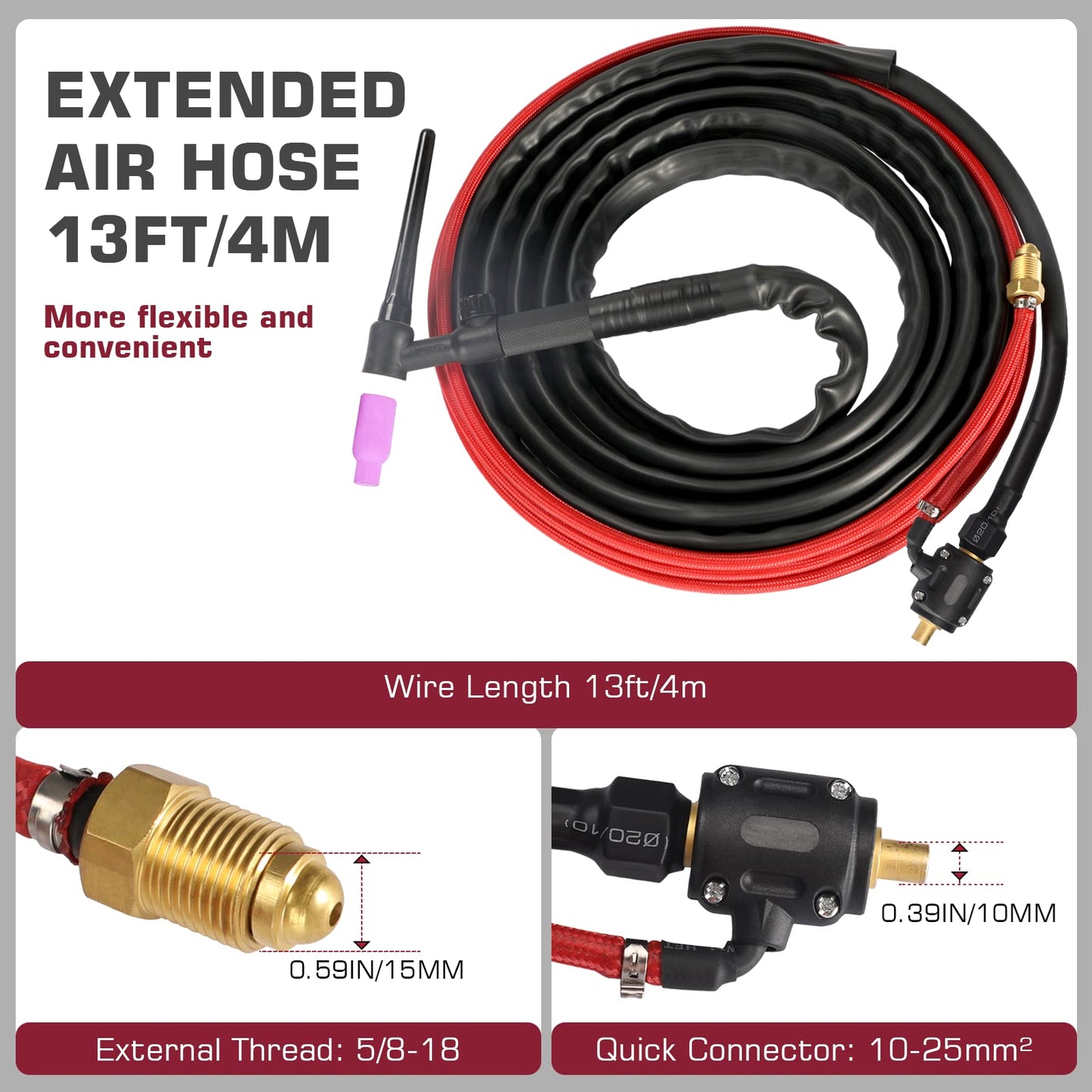 ARCCAPTAIN TIG Welding Gun, WP-17V Argon TIG Torch with 13FT Red Air Hose and 10-25mm Connector, Lift Tig Torch 150amp with 13FT Cable for ARCCAPTAIN ARC160, MIG130, MIG160, ARC165 Pro and MIG145 Pro
