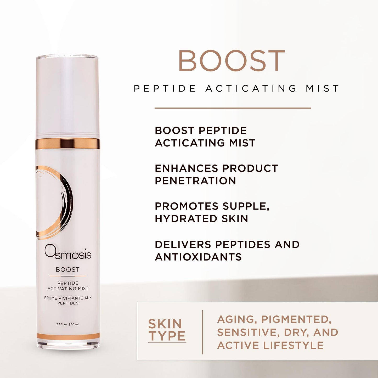 OSMOSIS BOOST Peptide Activating Hydrating Facial Mist with Hyaluronic Acid for Aging, Pigmented, Sensitive and Dry Skin, 2.7 Fl Oz