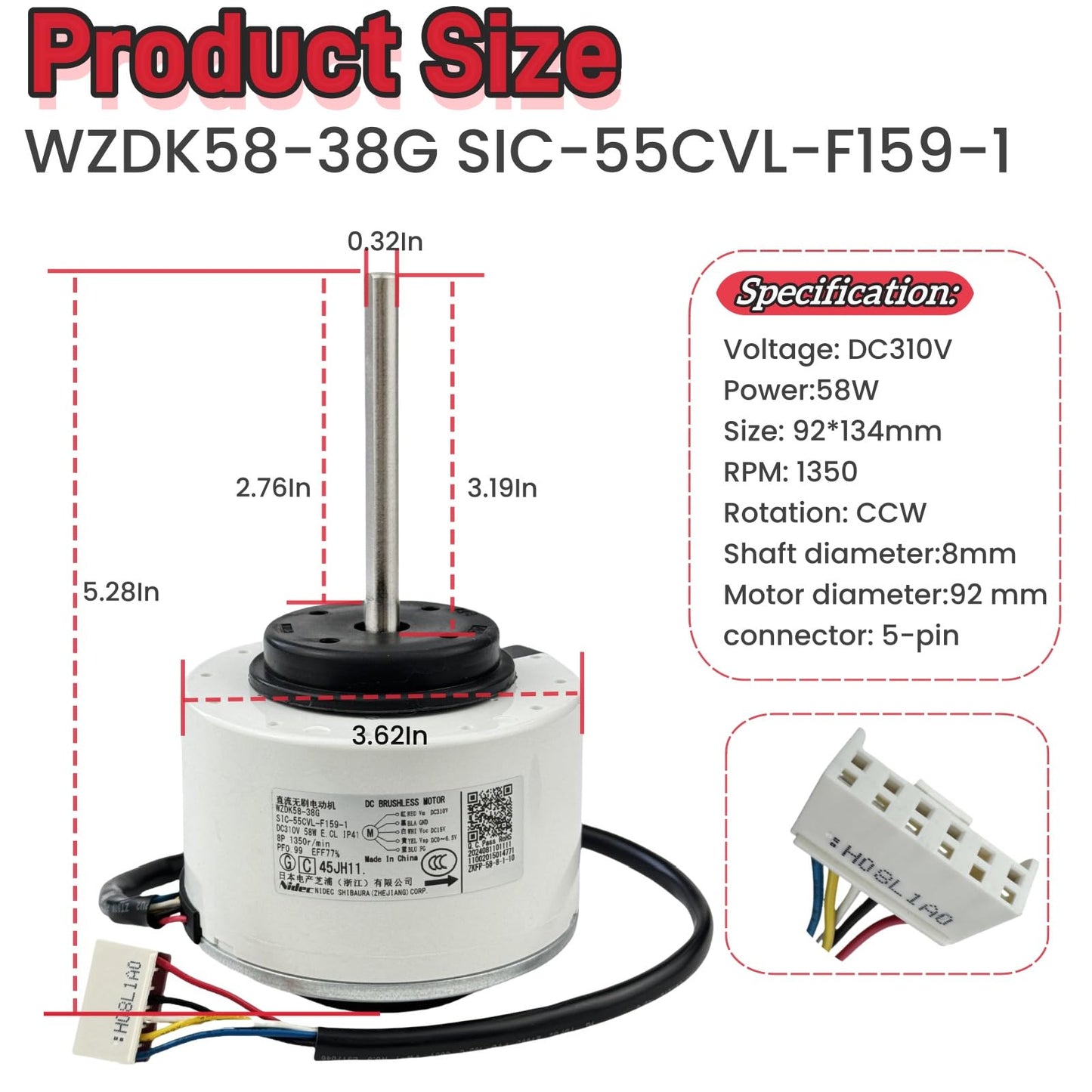 Air Conditioning Motor WZDK58-38G SIC-55CVL-F159-1 DC Brushless Motor, 310V 58W 1350r/min CCW Inverter Air Conditioner Brushless DC Motor for air Conditioner