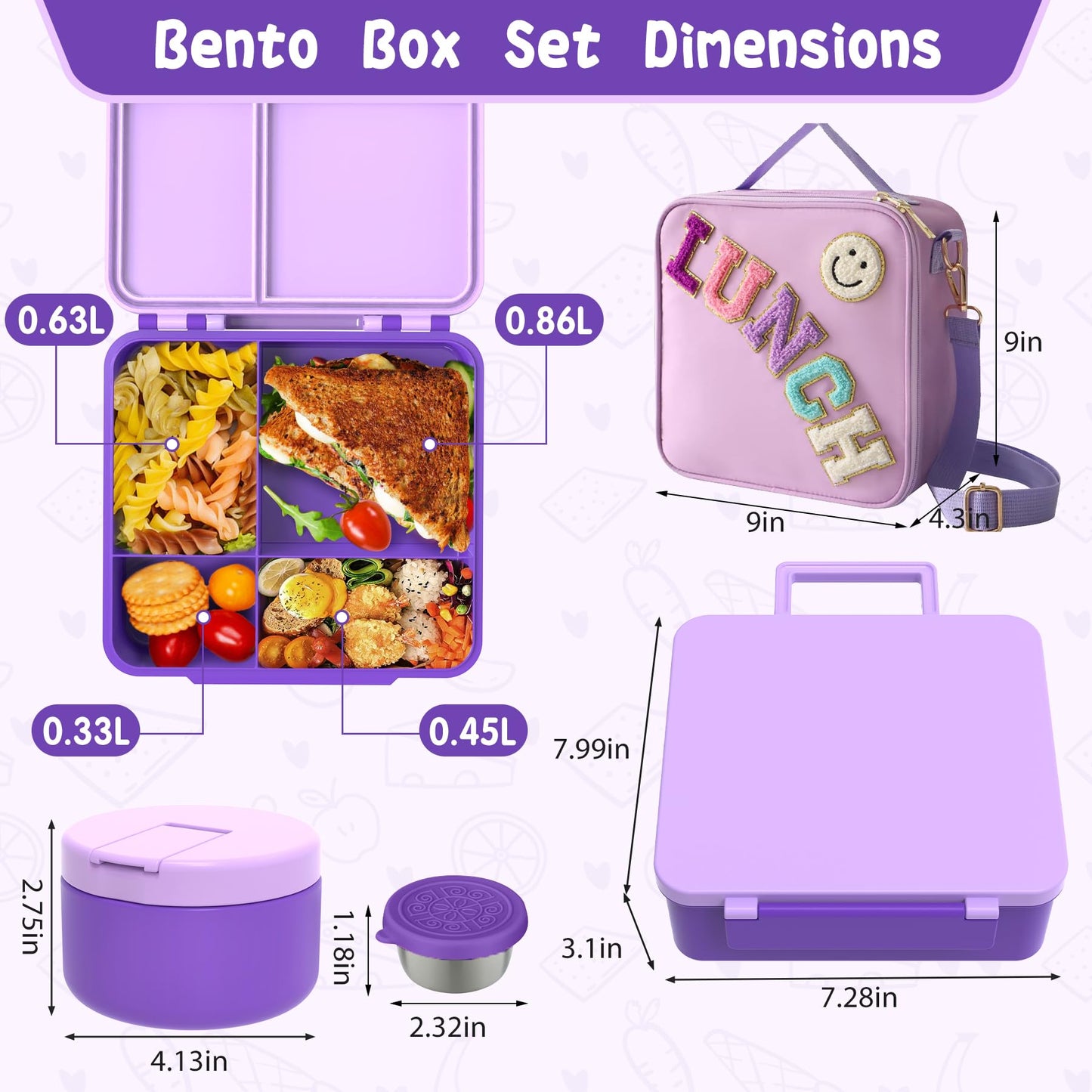 Aimsnk Kids Bento Lunch Box with 8oz Soup Thermo, Kids Leakproof Lunch Food Containers with 4 Compartment,Insulated Hot Food Jar with Lunch Bag for School, Travel (Purple)