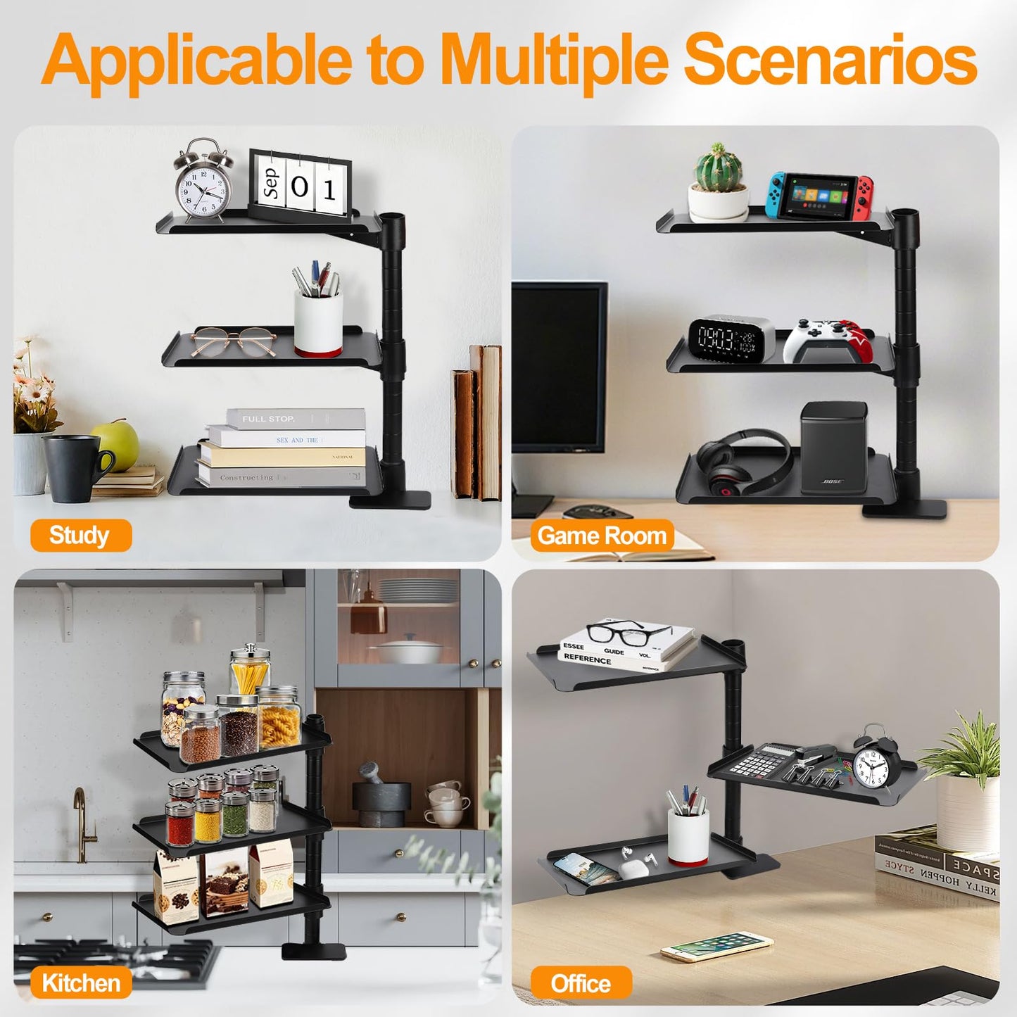 FBOAZI 3 Tier Clamp On Desk Shelf,360° Rotatable Adjustable Above or Under Desktop Organizer,Carbon Steel Storage Tray for Home Office and Gaming Accessories(Black)