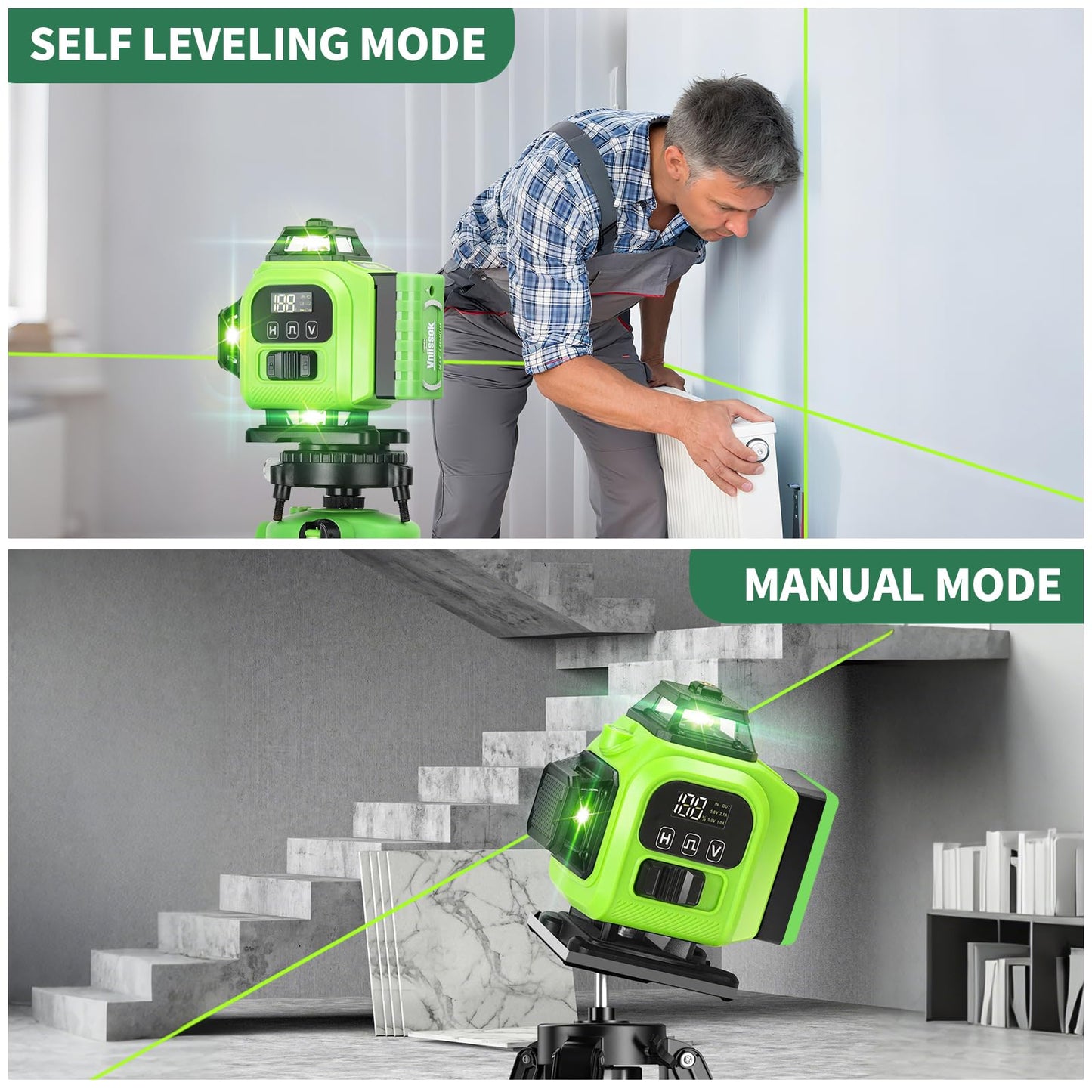 16 Line Laser Level 360 Self Leveling, 4x360°Professional 4D Green Cross Line laser Level with 2 Batteries,for Construction and Picture Hanging, Horizontal Line leveler Tool (Green)
