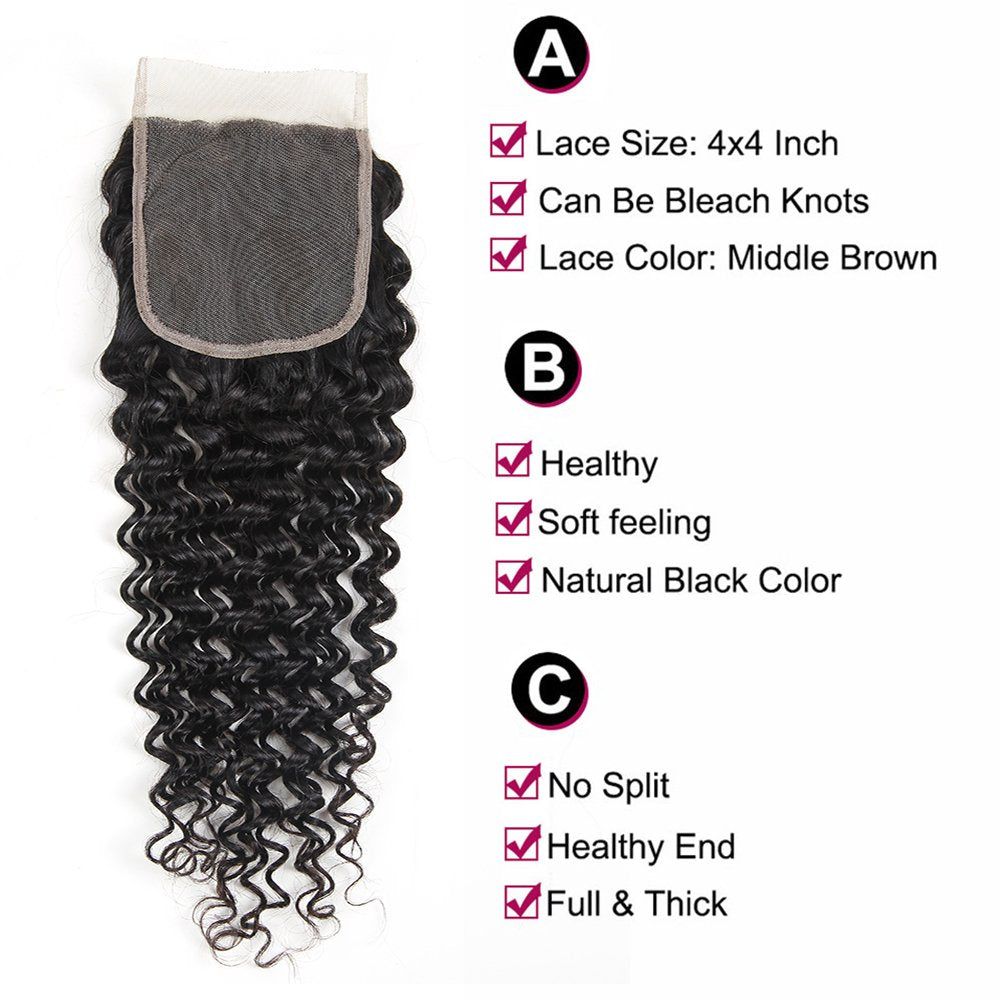 Aatifa Brazilian Virgin Deep Wave 3 Bundles with Closure 9A Grade Unprocessed Human Hair with 4x4 Lace Closure Free Part Natural Color, lace closure, (18/20/22+16 Inch)