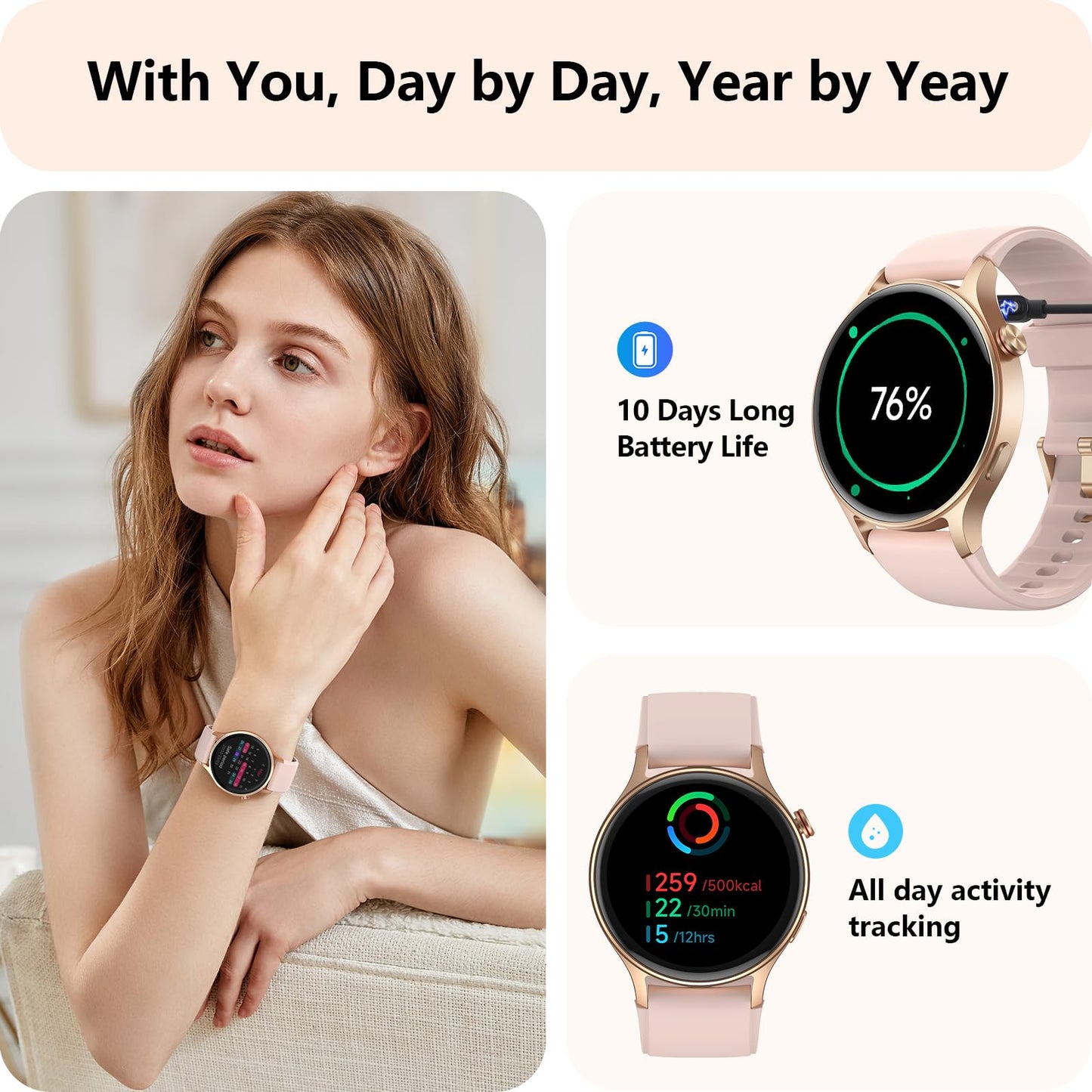 aeac Smart Watch for Women, AMOLED Ultra-Clear Screen Activity Trackers with Heart Rate/Sleep/SpO2 Monitor, Smartwatch for iPhone/Samsung/Android, 110+ Sport Modes Waterproof Fitness Reloj Inteligente