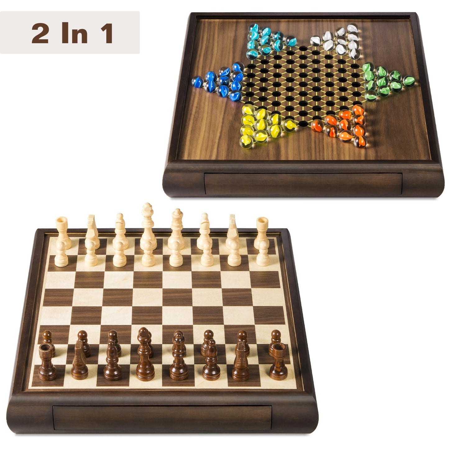 ELONGDI 2 in 1 Magnetic Chess Set & Chinese Checkers 13" Wooden Board Game with Storage Drawer and 60 Glass Marbles + Bonus 12 Spare & 2 Extra Queens,for Kids and Adults