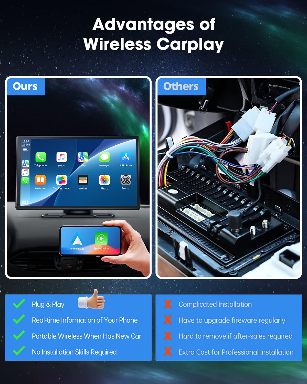 LAMTTO 9 Inch Wireless Car Stereo with Apple Carplay & Android Auto,Portable Touch Screen GPS Navigation for Car,Car Audio Receivers with Bluetooth,Airplay,AUX,Screen for All Vehicles