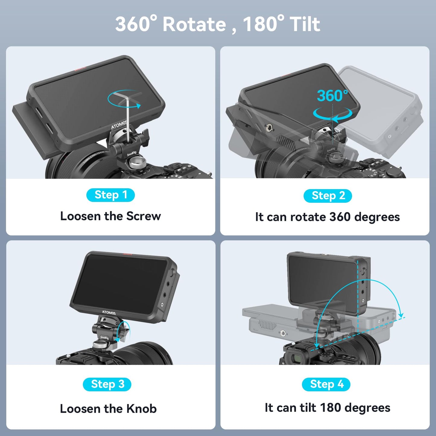 SmallRig Adjustable Camera Monitor Mount for ARRI-Style (Upgrade), 360° Swivel and 180° Tilt Monitor Holder Anti-Twist Support 5” and 7” Field Monitor
