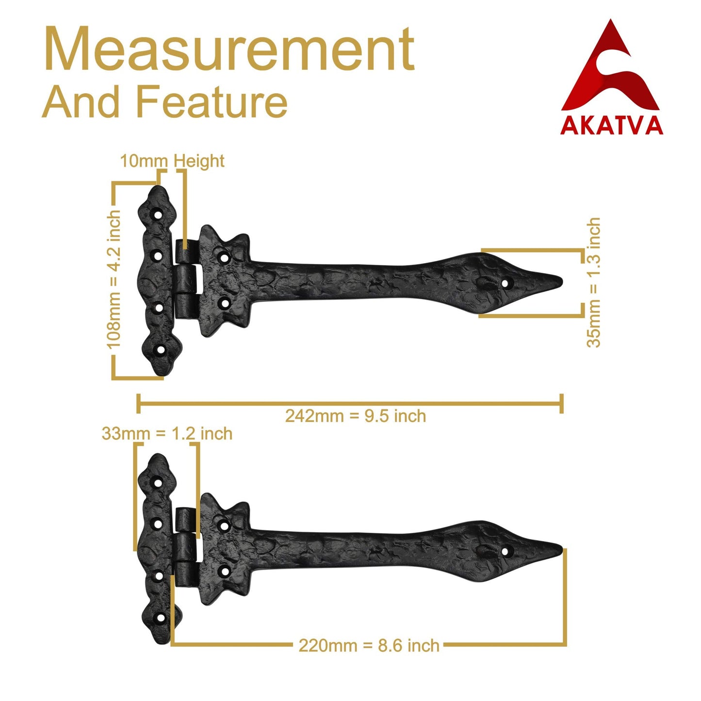 Akatva T Hinge Set - 6 Piece Gate Hinges for Wooden Fences - Heavy Duty Barn & Door Hinges – Black Matt Finish