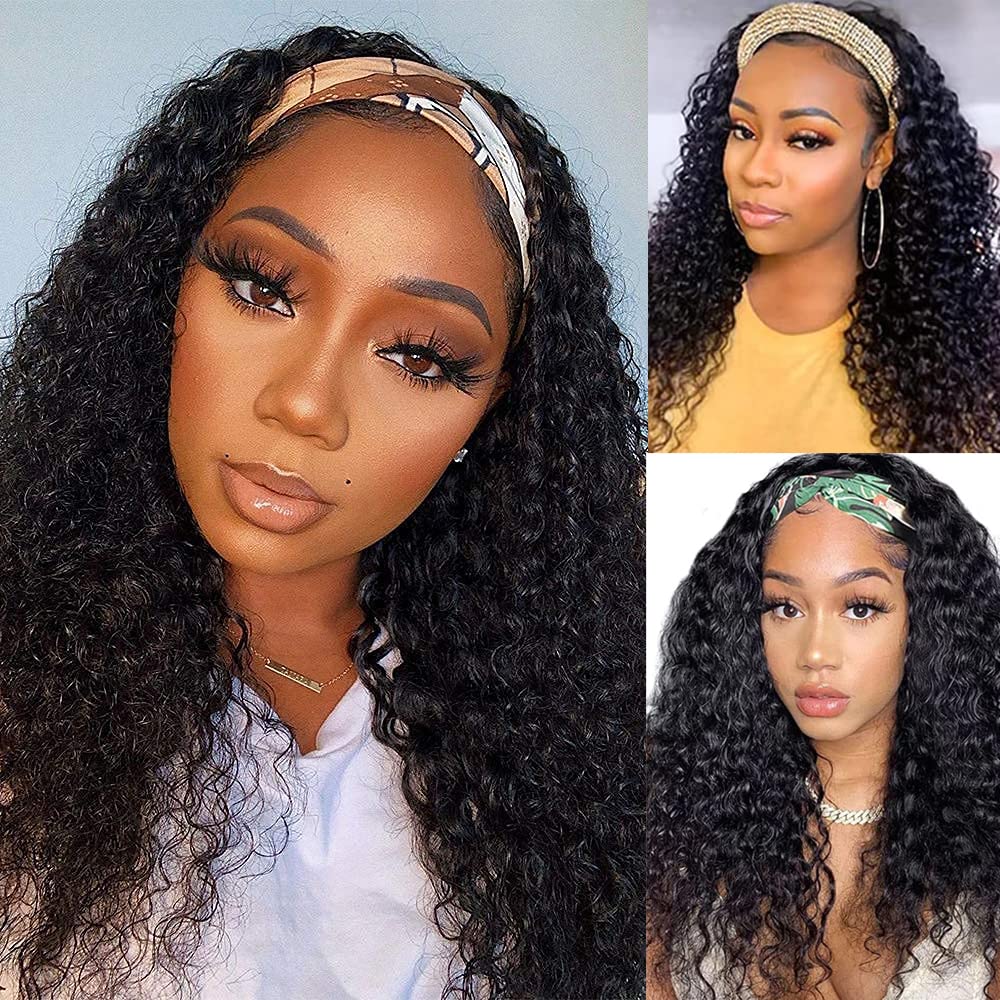 Aiterina 26 Inch Headband Wig Human Hair Deep Wave Headband Wigs for Black Women Virgin Human Hair Headband Wig Glueless Curly Headband Wig Human Hair Headband Wig Natural Color