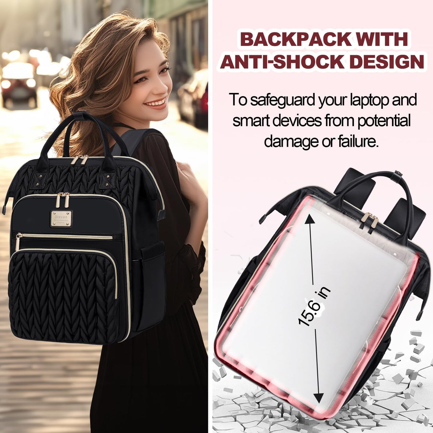Otevan Lunch Backpack for Women,Work Backpack for Women, 15.6 inch Laptop Backpack with Lunch Bag,Teacher Nurse Insulated Lunchbox Backpack for Women, Black Upgrade, 24009
