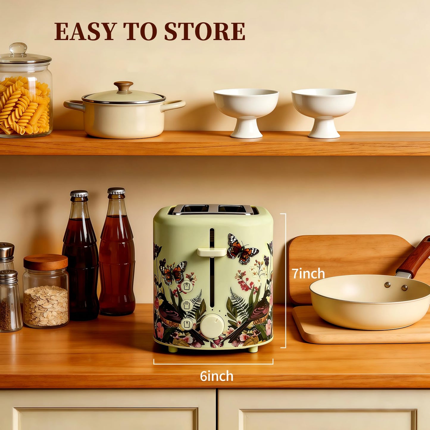 INFOOD Retro Toaster 2 Slice - 6 Toast Settings, Cancel/Defrost/Reheat Buttons, Built-in Warming Rack & Removable Crumb Tray, 1.5 Inches Extra Wide Slots, 750W, Floral Design
