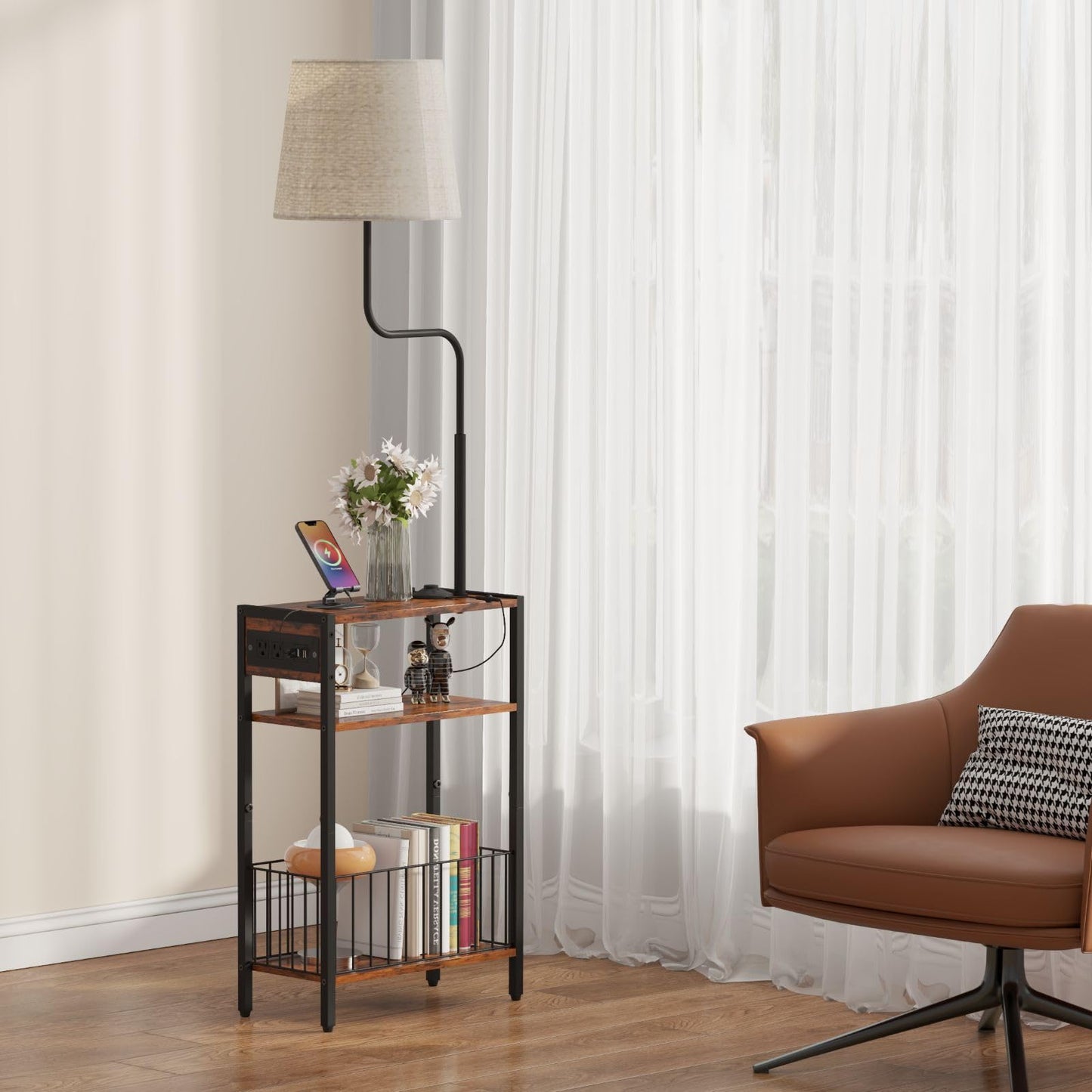 HavenlyYouth Floor Lamp with Table & Storage Baskets, End Table with 3 Color Temperatures LED Bulb, Nightstand with Charging Station, Shelves Side Table for Living Room, Bedroom, Office - Brown