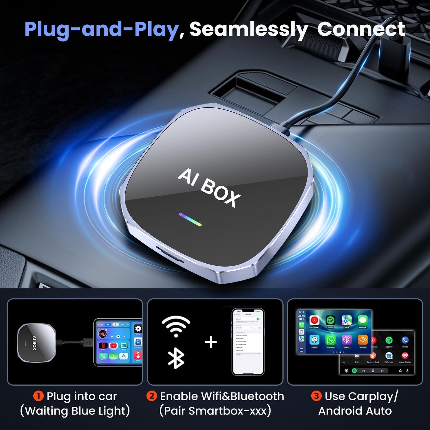2-in-1 Wireless Apple CarPlay&Android Auto Adapter 2025, Magic AI Box Streaming Dongle Support Netflix/YouTube, Plug&Play, Car Play Wireless Adapter, Only Fit for Cars with Wired CarPlay/Android Auto