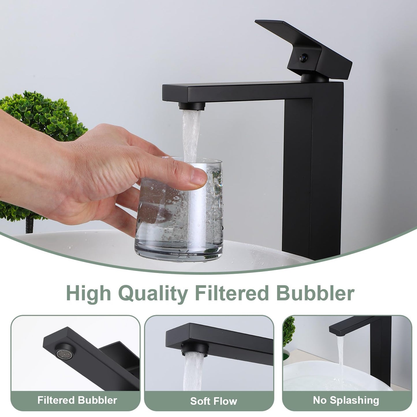 HOZKUY Matte Black Bathroom Faucet Single Handle 1 Hole Tall Bathroom Vessel Sink Faucet, 304 Stainless Steel Modern Vanity Faucet Basin Mixer Tap with Water Supply Hose and Pop Up Sink Drain