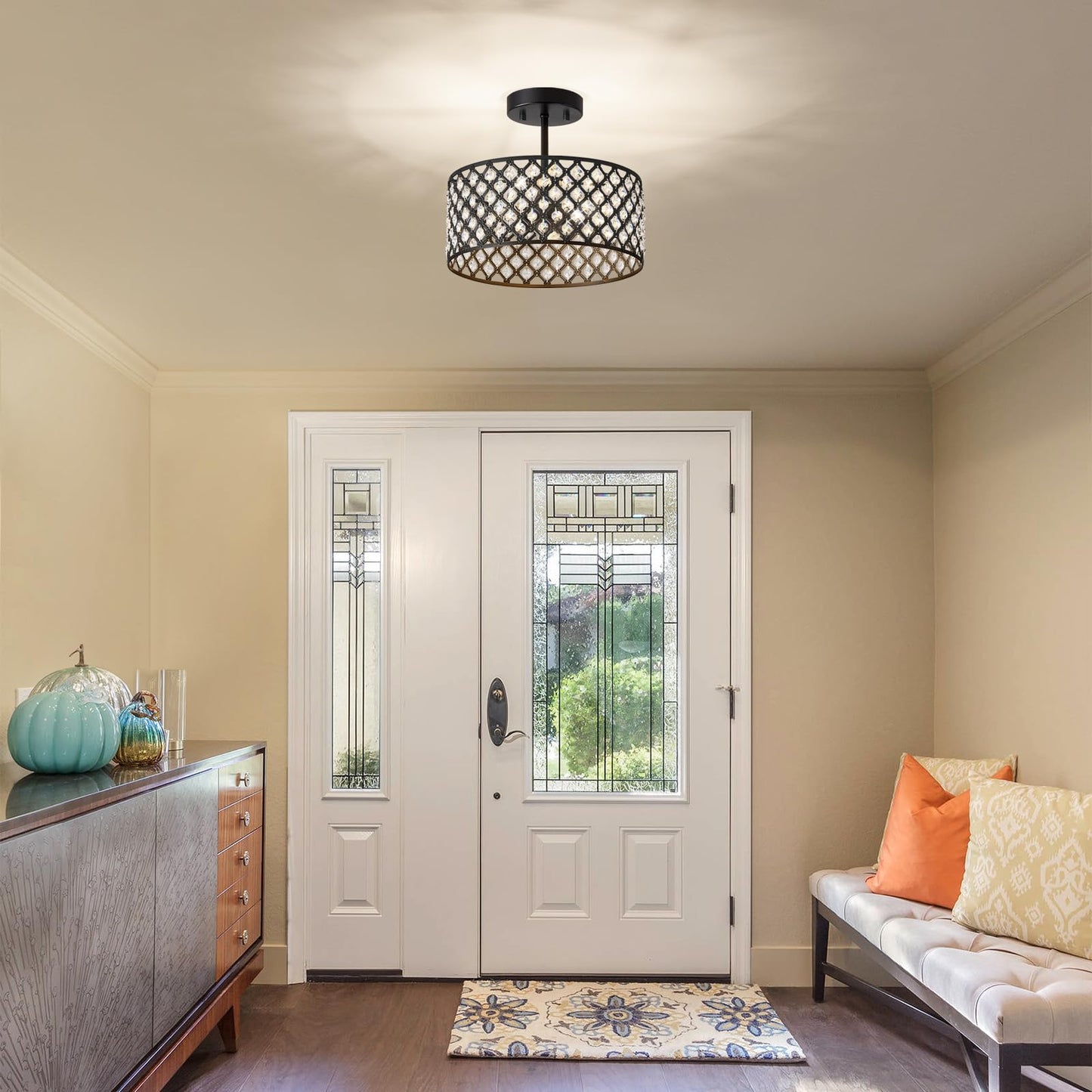 BZVESR Black Crystal Ceiling Light Fixture,Modern Semi Flush Mount Ceiling Lighting Fixture,Round Small Chandelier for Dining Room, Hallway, Entryway, Kitchen, Bedroom,Foyer,3 Light,12 inch