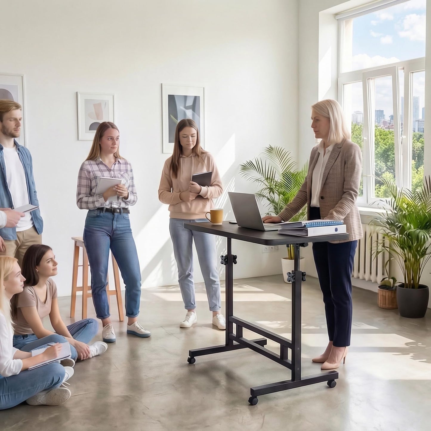 Mu Guang Adjustable Standing Desk - Rolling Portable Desk for Home Office, Black Portable Rolling Desk, Small Standing Desk with Wheels for Walking Pad, Study Room, Teacher