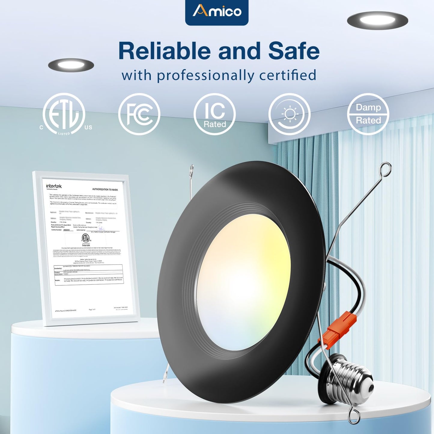 Amico 5/6 inch 5CCT LED Recessed Lighting 12 Pack, Dimmable, Damp Rated, 12.5W=100W, Can Lights with Baffle Trim, Retrofit Installation, ETL&FCC, Black
