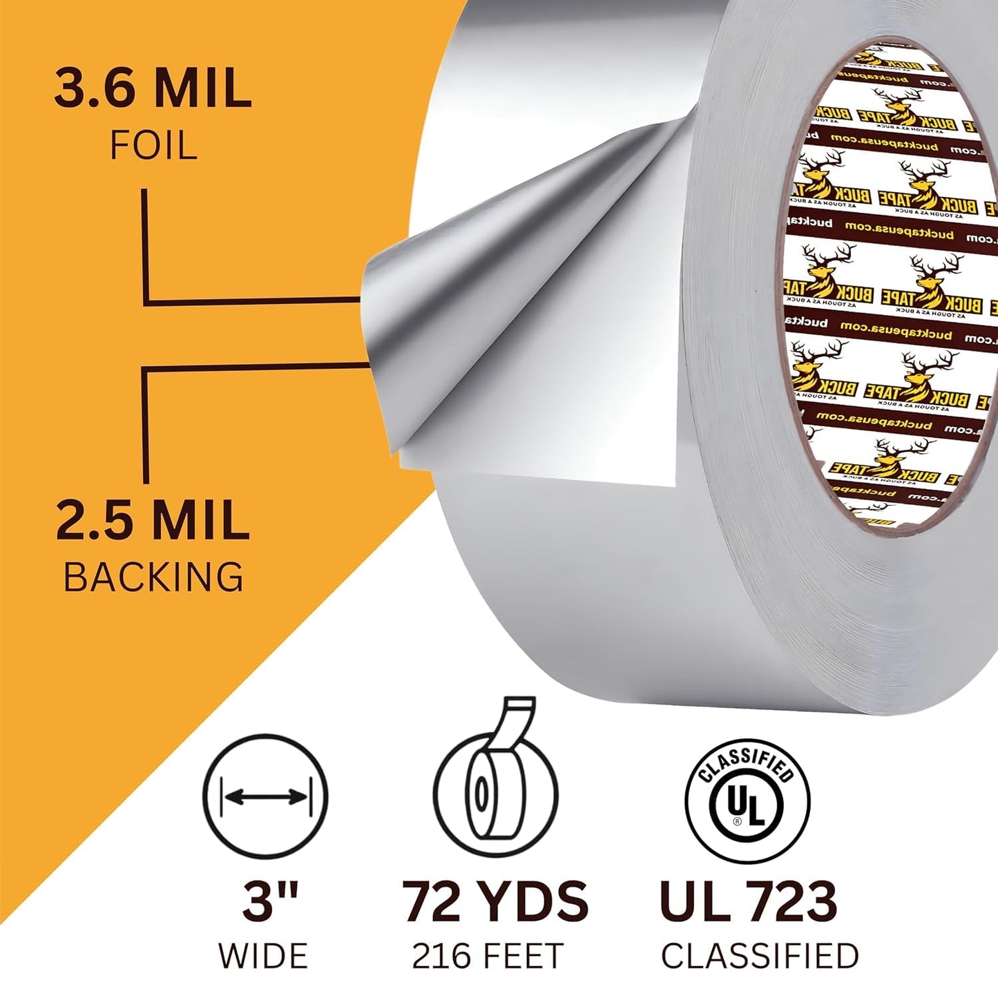2 Pack Buck Professional Grade Aluminum Foil Tape - 3 Inch x 216ft (72 yd) 3.6 Mil - Ideal for HVAC, Insulation, Pipes & Metal Repair - Heat Resistant & Waterproof - Perfect for Sealing Ducts & Vents