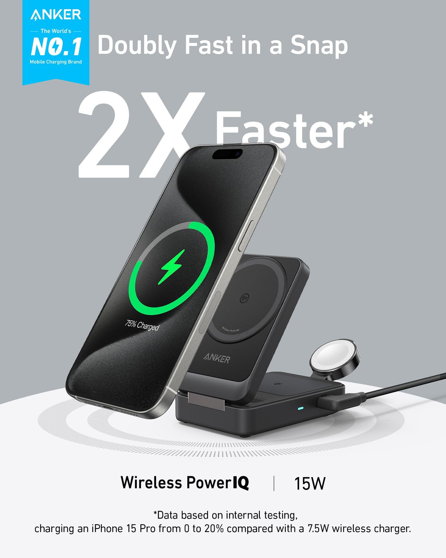 Anker MagGo 3-in-1 iPhone 16 Charging Station, MagSafe-Compatible Wireless Charger Stand, Qi2 Certified 15W Foldable Charger for iPhone 15/14, AirPods, Apple Watch 9 (40W USB-C Charger Included)
