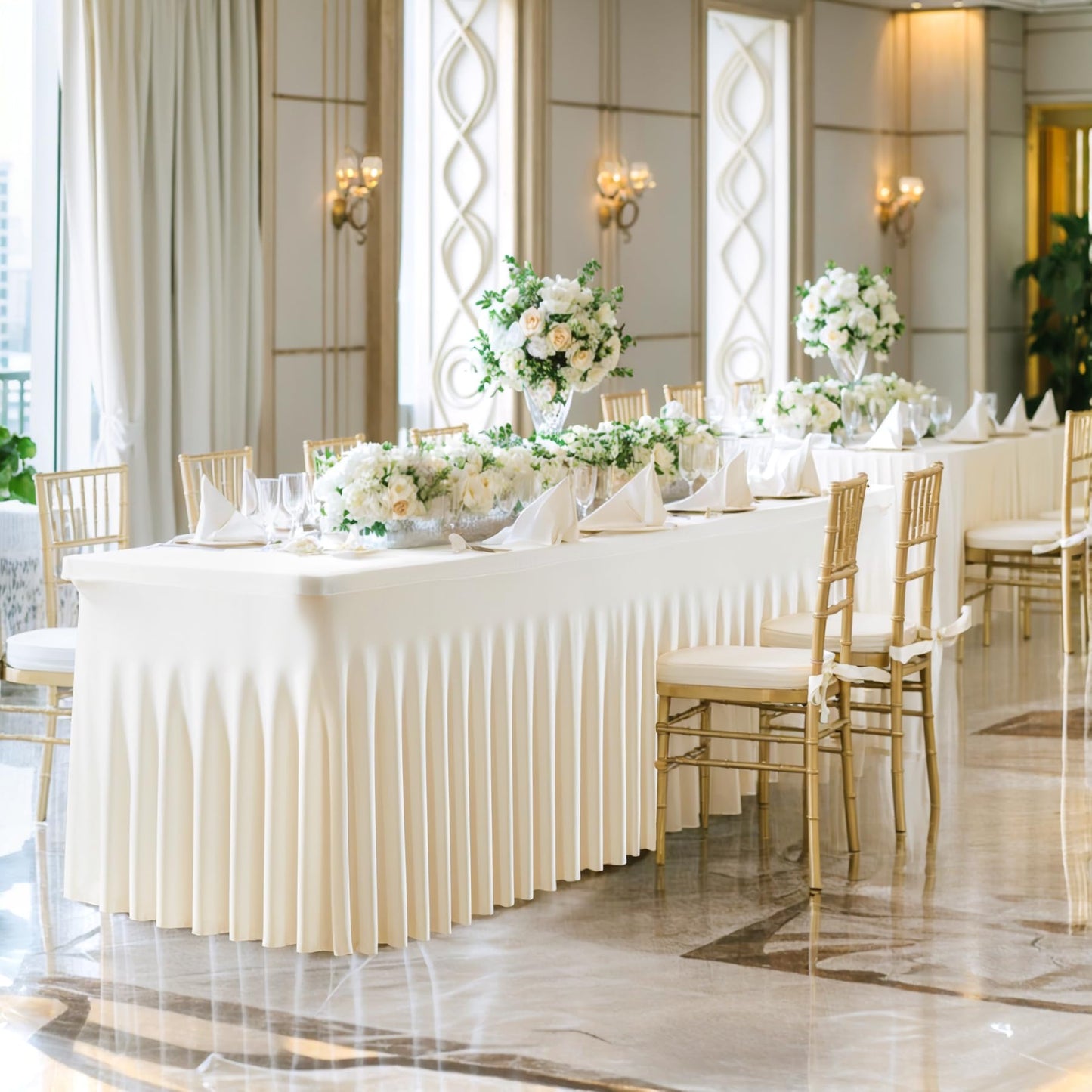2 Pack Spandex Ivory Fitted Table Cloth for 6ft Rectangle Tables Ivory Stretch Tablecloth Table Covers Banquet Table Clothes Wrinkle Free Table Skirt for Parties Wedding