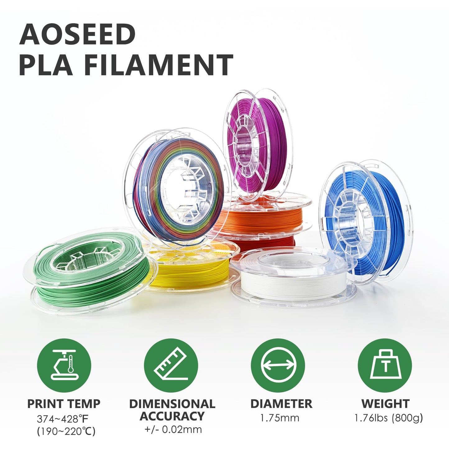 AOSEED 3D Printer Filament Bundle, 1.75mm (± 0.03 mm) PLA Filament Set for Most of 3D Printer,Purple/Green/Blue/Yellow/White/Iridescent/Red/Orange, 200g/0.44lbs x 8 Spools Pack