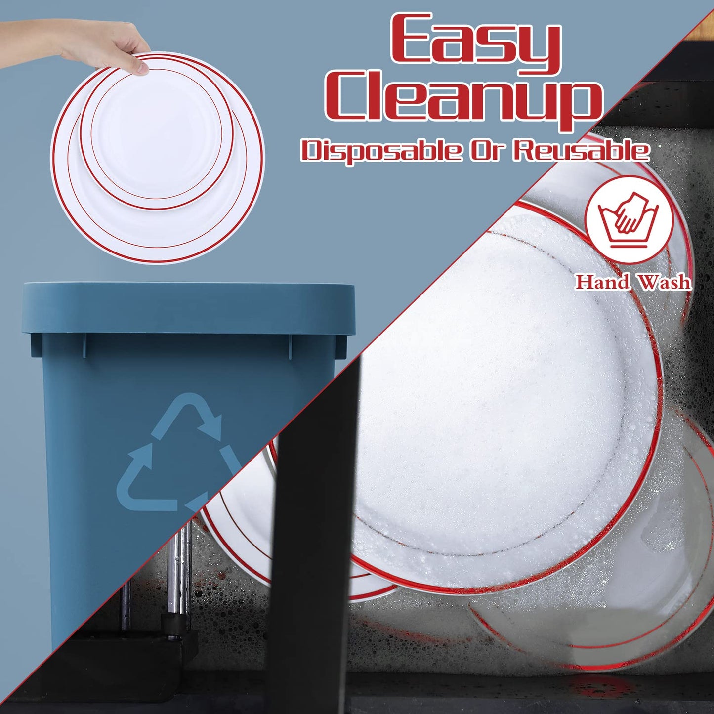 100 Pieces Party Plates Disposable Dinnerware Set 50 Guests Disposable Plastic Dinnerware for Party Dinner and Salad Plates, Plastic Plate with Elegant Rim for Wedding Graduation Party(Red Rim)