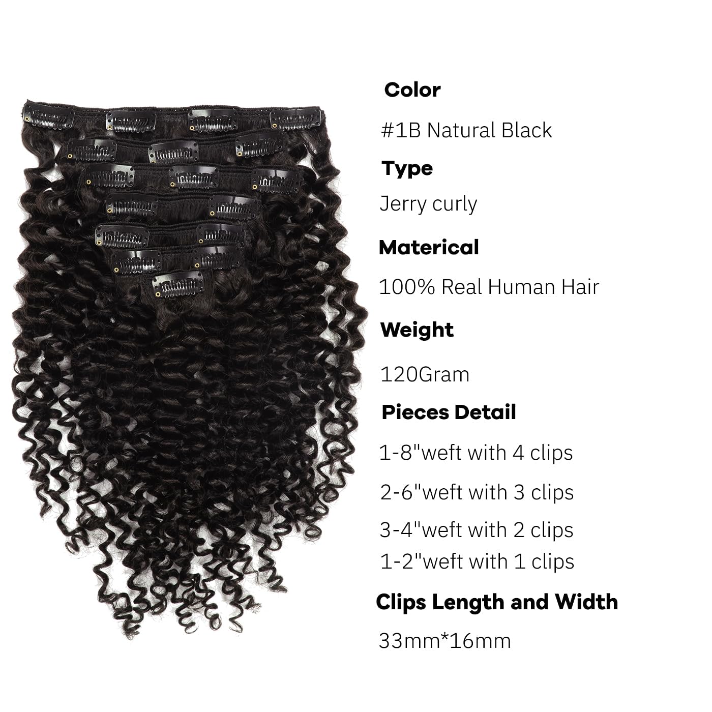 Loxxy Clip in Human Hair Extensions for Women Natural Black Real Human Hair Curly Clip in Hair Extensions with Double Weft 22inch Jerry Curly Clip in Hair Extensions 120g Per Pack #1B