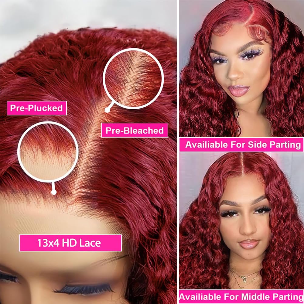 99J Burgundy Deep Wave Lace Front Wigs Human Hair 13x4 HD Lace Frontal Wigs Human Hair Pre Plucked 180 Density Red Colored Deep Curly Wet and Wavy Glueless Human Hair Wigs for Black Women 26 Inch