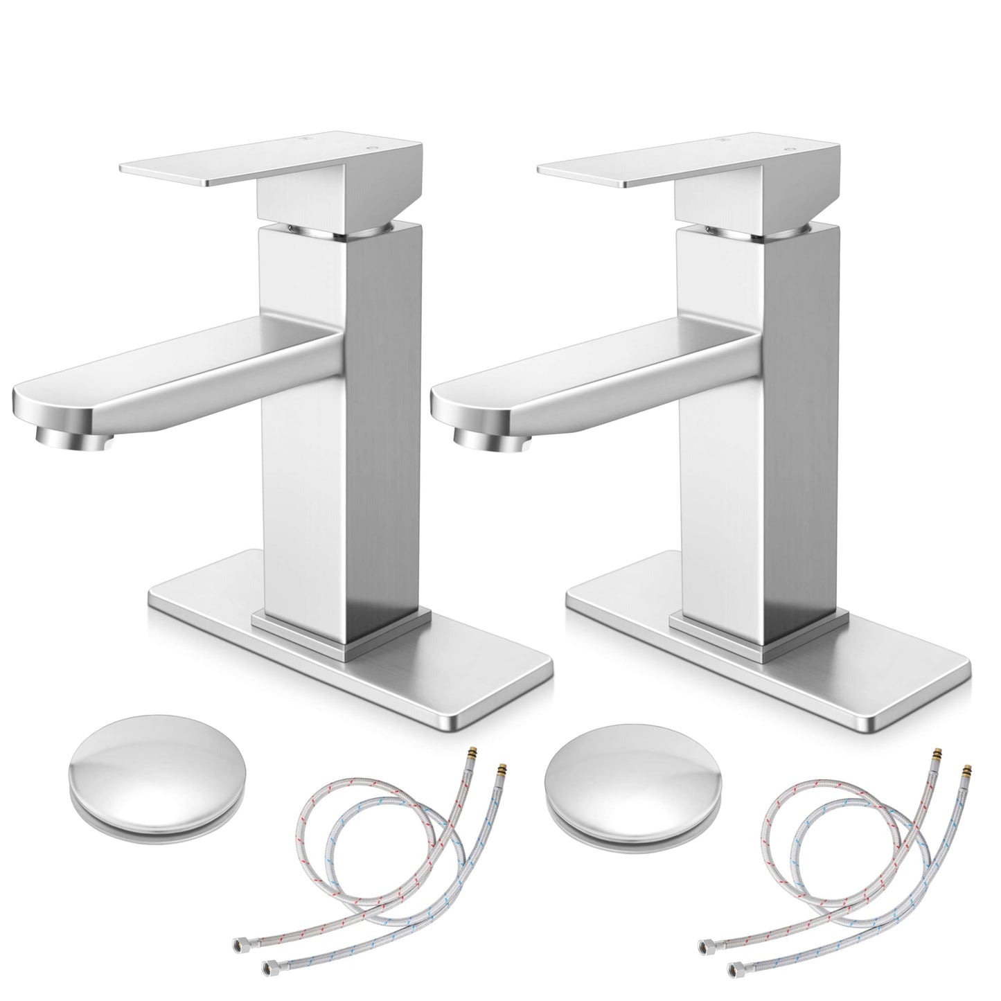 2 Pack Brushed Nickel Bathroom Faucet, Herogo Stainless Steel Bathroom Sink Faucets with Brass Pop-up Sink Drain Stopper & Deck Plate 1 or 3 Hole, Single Handle RV Lavatory Faucet with 2 Water Hoses