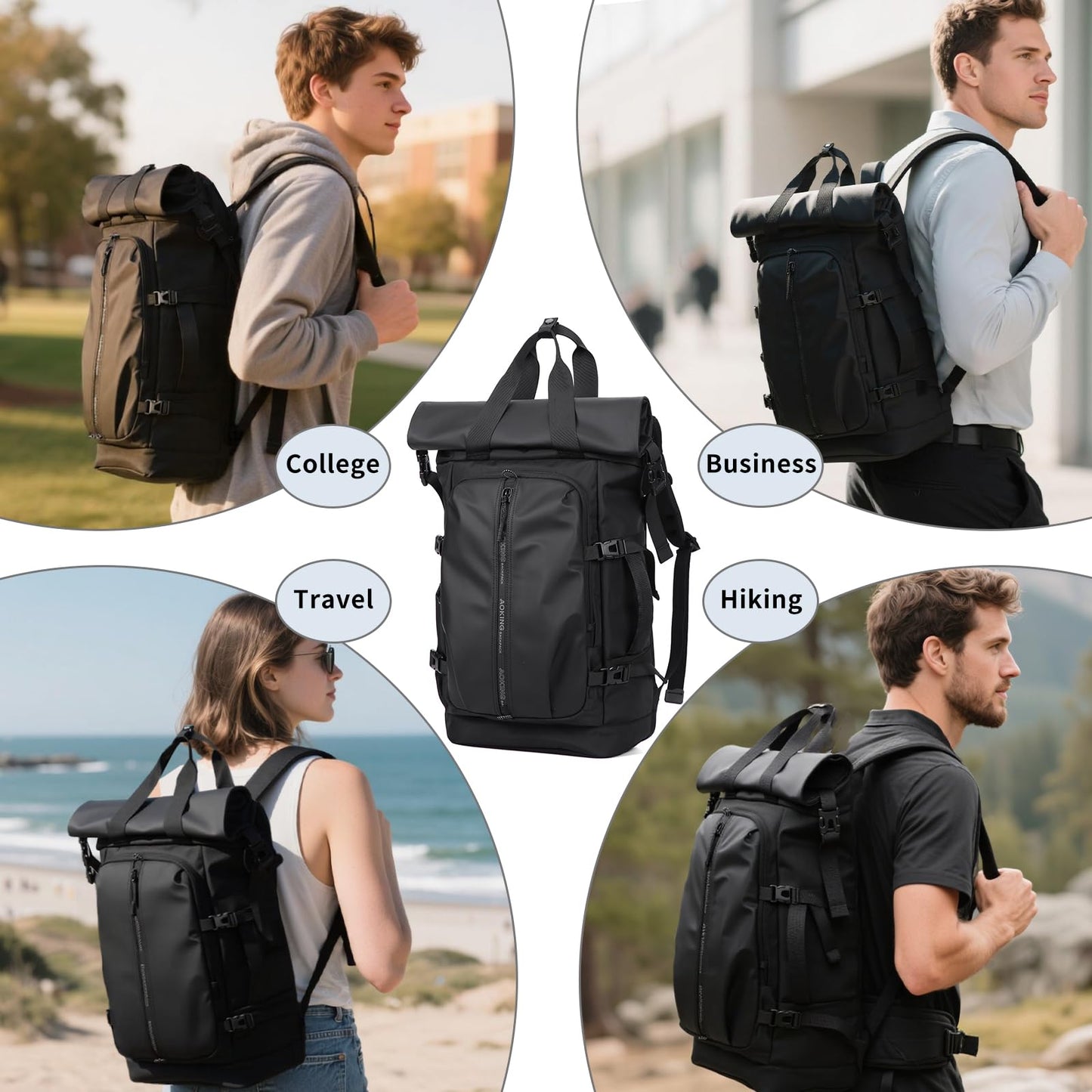 McBecdy Rolltop Backpack, Travel Rucksack for Men Women, Anti Theft Backpacks with 15.6-inch Laptop Compartment, Waterproof Casual Daypack for Work, Business, Commuter and College