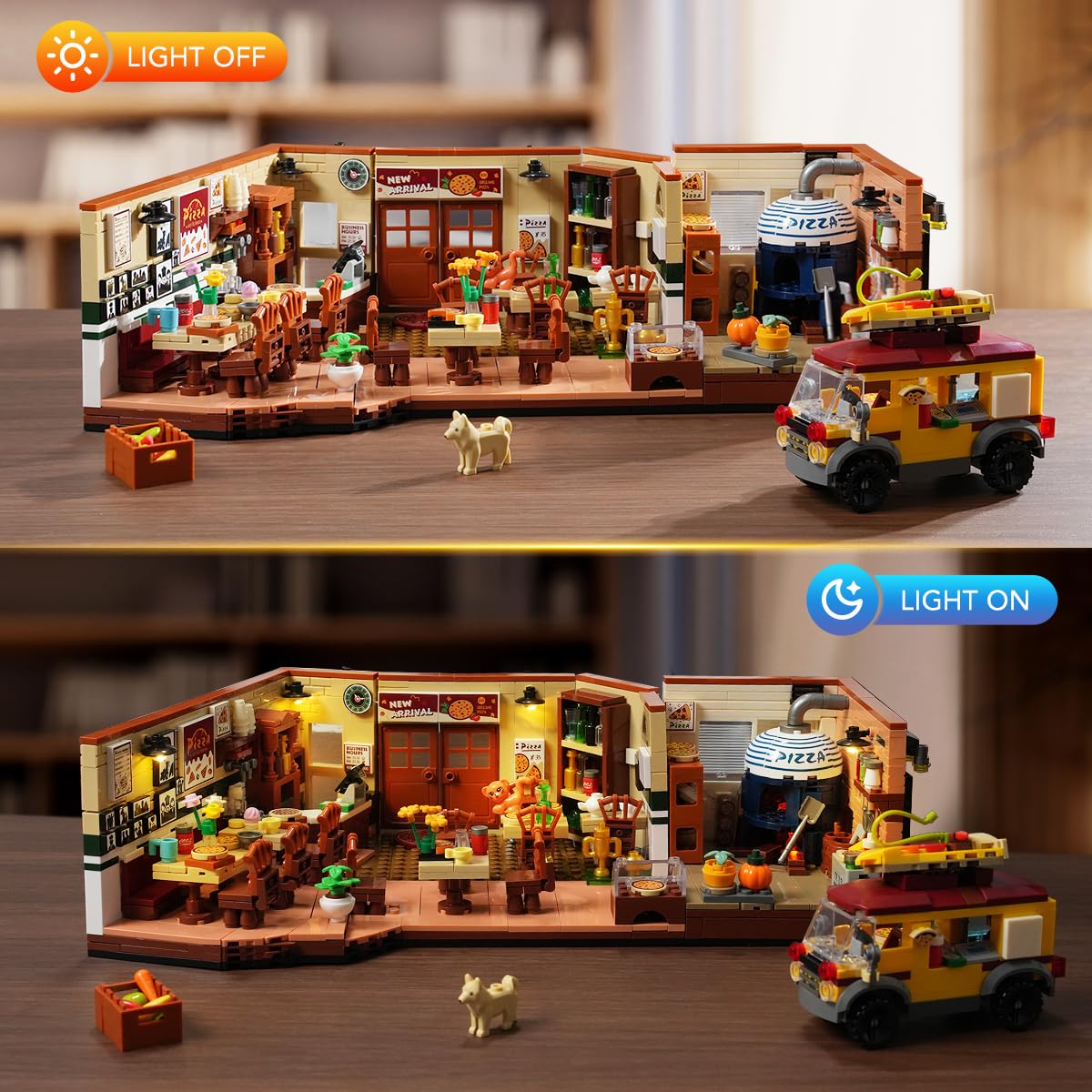INSOON City Street Pizza Restaurant Building Set with Light, 1098PCS Pizzeria House Architecture Model with Retro Pizza Van, Home Decor Construction Building Block Gift for Adults Teens Boys Girls 12+