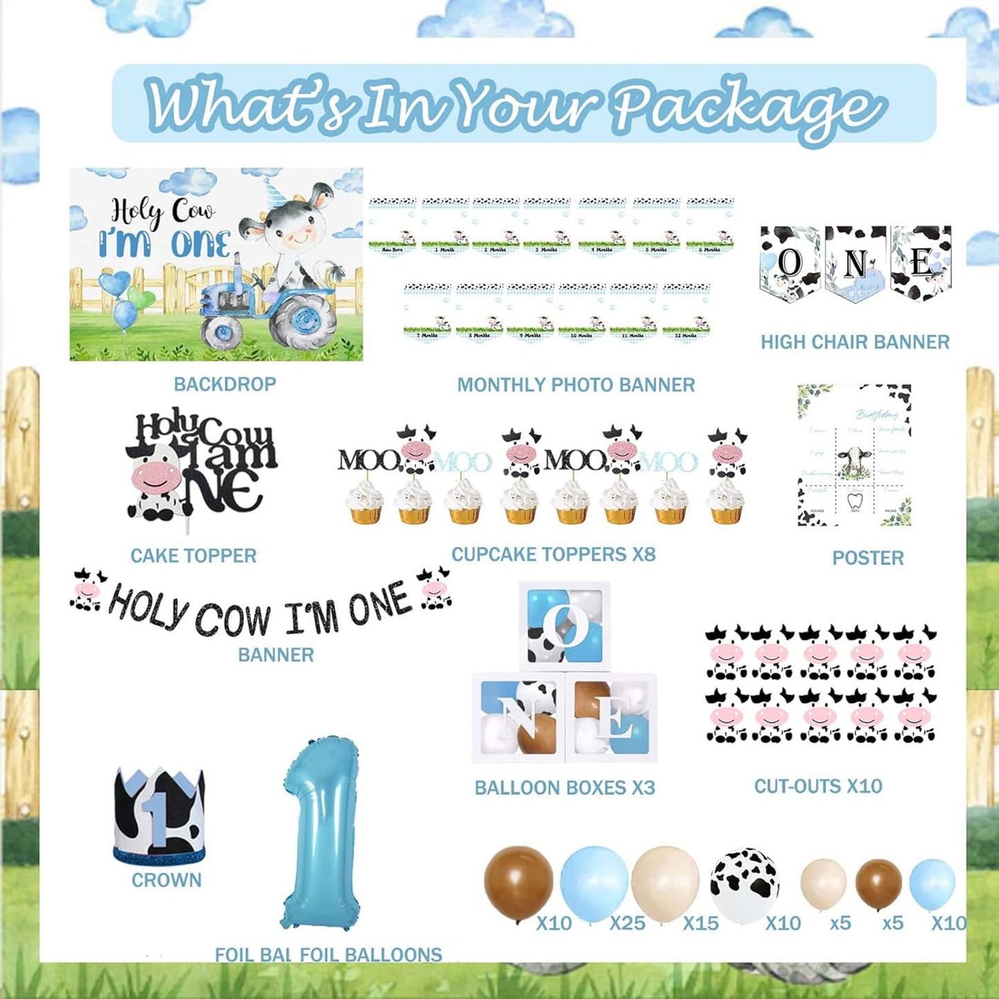 118 PCs Holy Cow Im One Birthday Decorations Boy, Hombae Cow First Party Decorations Backdrop Balloon Garland Monthly Photo High Chair Banner Cake Cupcake Topper Crown Box Poster White Black Blue