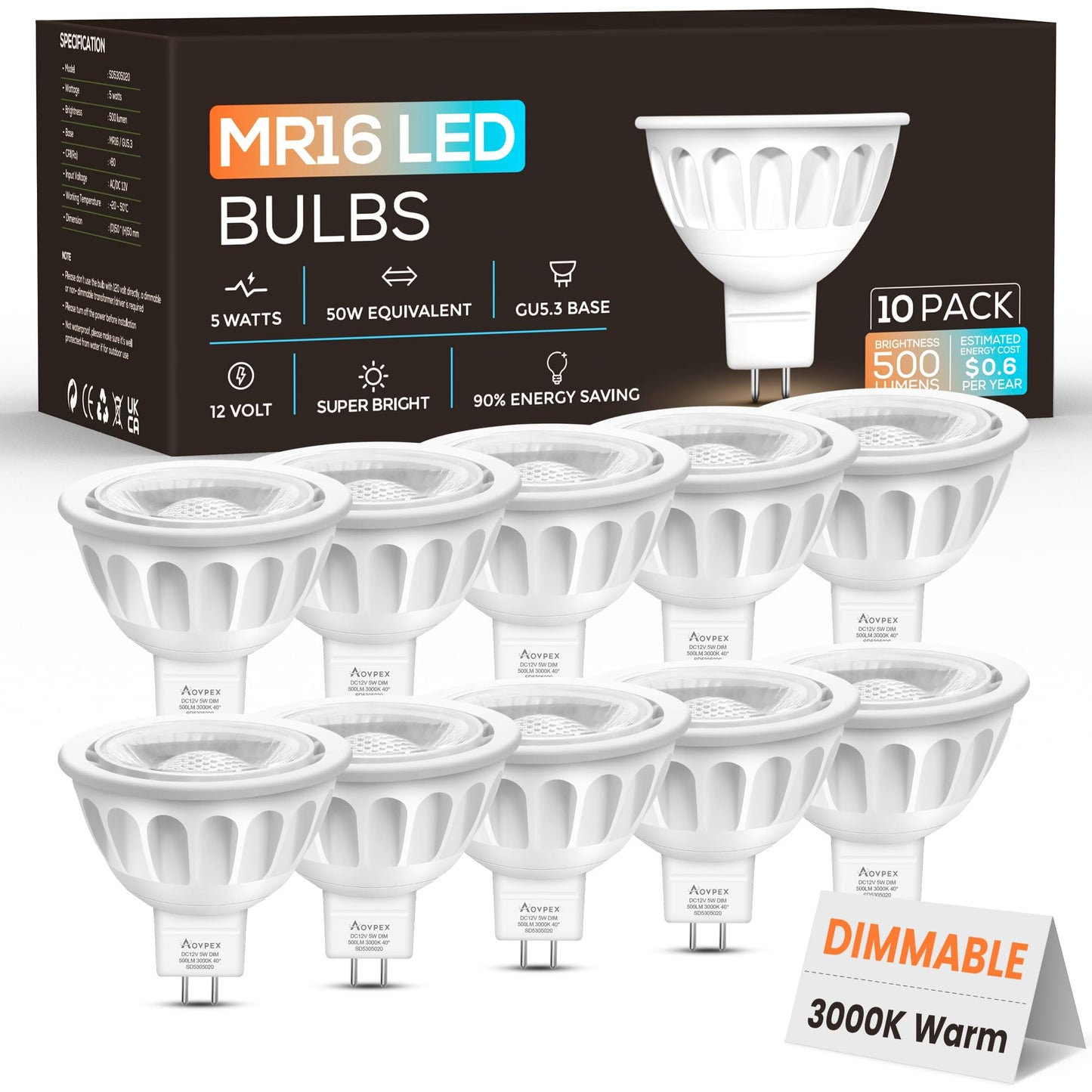 Aovpex 10 Pack Dimmable MR16 LED Bulbs, 12V 5W(50-Watt Equivalent), 3000K Warm White, GU5.3 Bi-Pin Base, 40-Degree, Indoor/Outdoor Landscape Spotlight Track Recessed Lighting