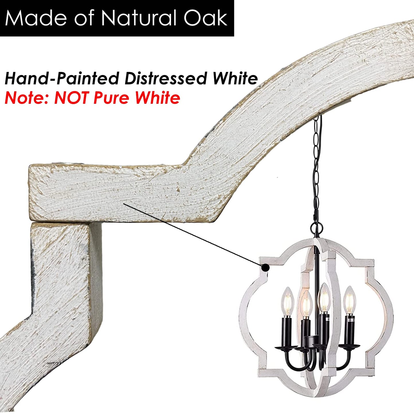 4-Light Plug in Chandelier with 16.4ft Cord,On/Off Switch,Orb Wood Farmhouse Hand-Painted Distressed White,Outdoor Chandelier for Gazebo,Kitchen Island Dinning Foyer Entryway
