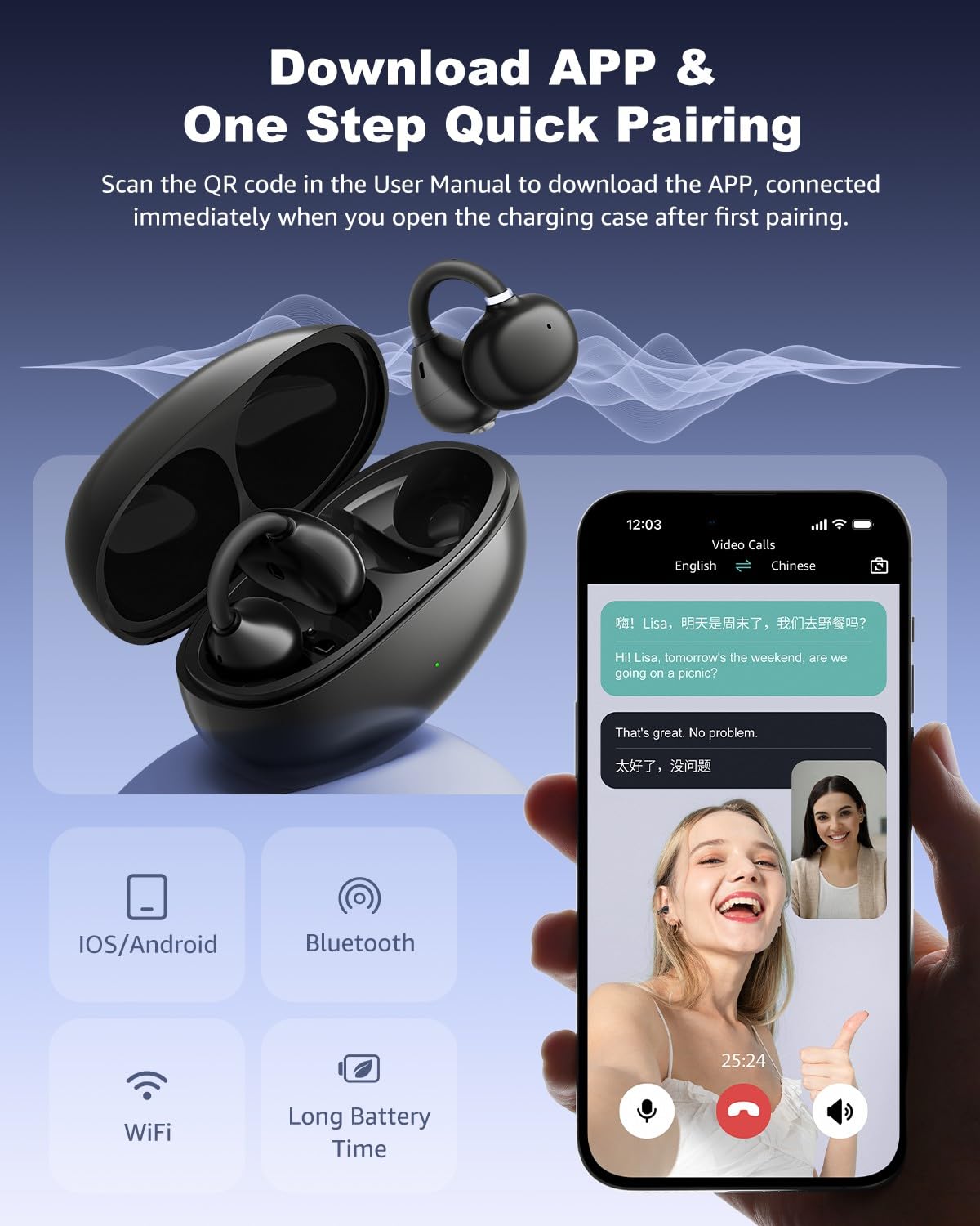 AMINY Open Ear Earbuds - Comfort Clip-On Earbuds, Lightweight Open Ear Headphones with 163 Languages AI Translation and Anti-Drop Design, 48H Play Bluetooth 5.4 Fit Sports Travel