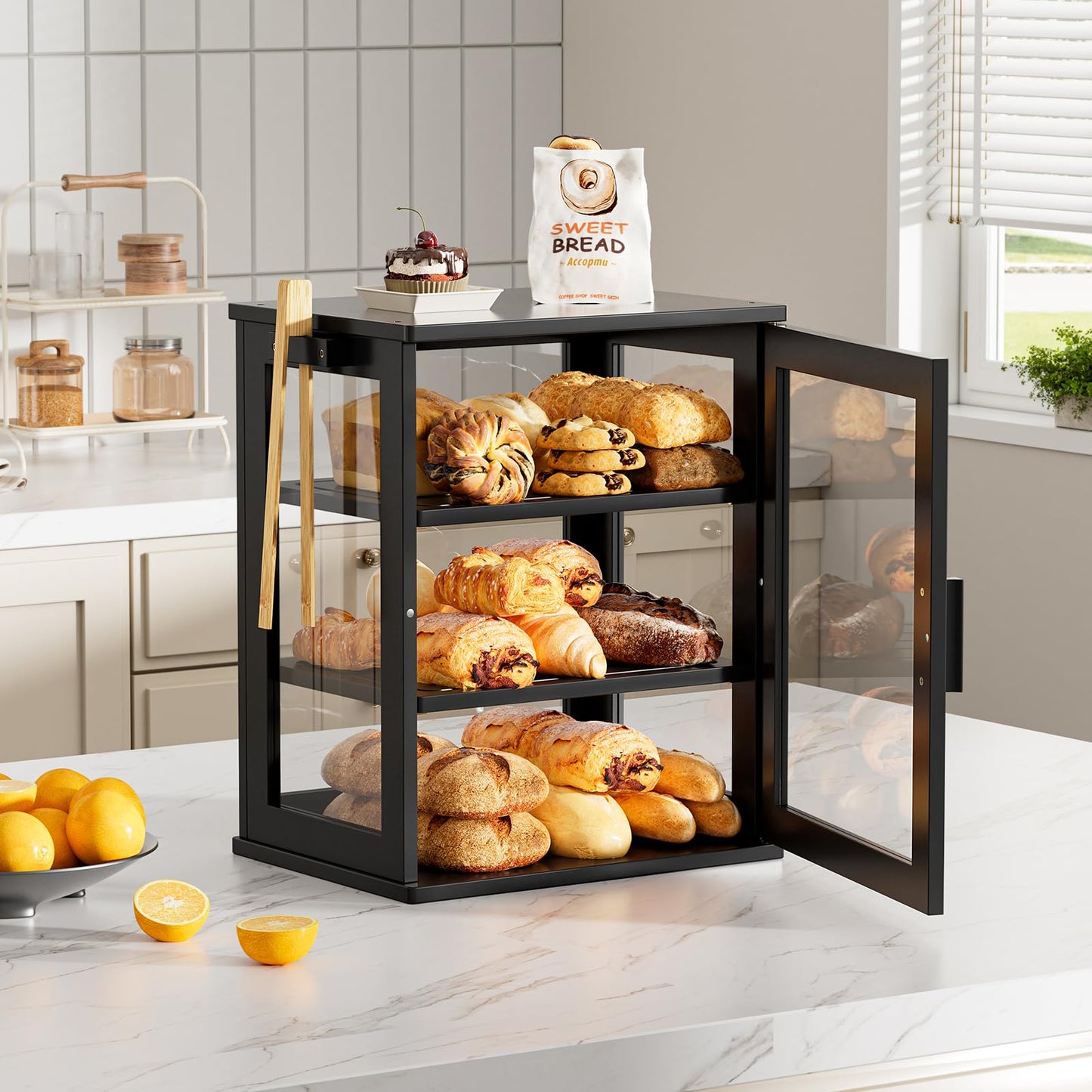 WOWLIVE Black Bread Box for Kitchen Countertop, Large 3 Layers Bread Storage Container for Homemade Bread with Window, Farmhouse Breadbox Organizer for Kitchen, Cabinet, Pantry (Black, Meduim)