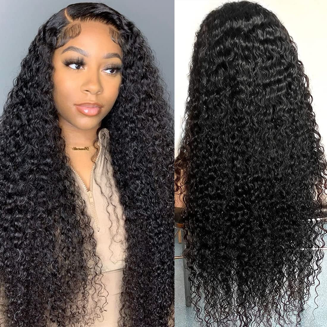Tipiuli Deep Wave Lace Front Wigs Human Hair 13x4 HD Transparent Lace Frontal Curly Wigs for Women Human Hair 180% Density Glueless Wigs Human Hair Pre Plucked with Baby Hair Natural Color (26 Inch)