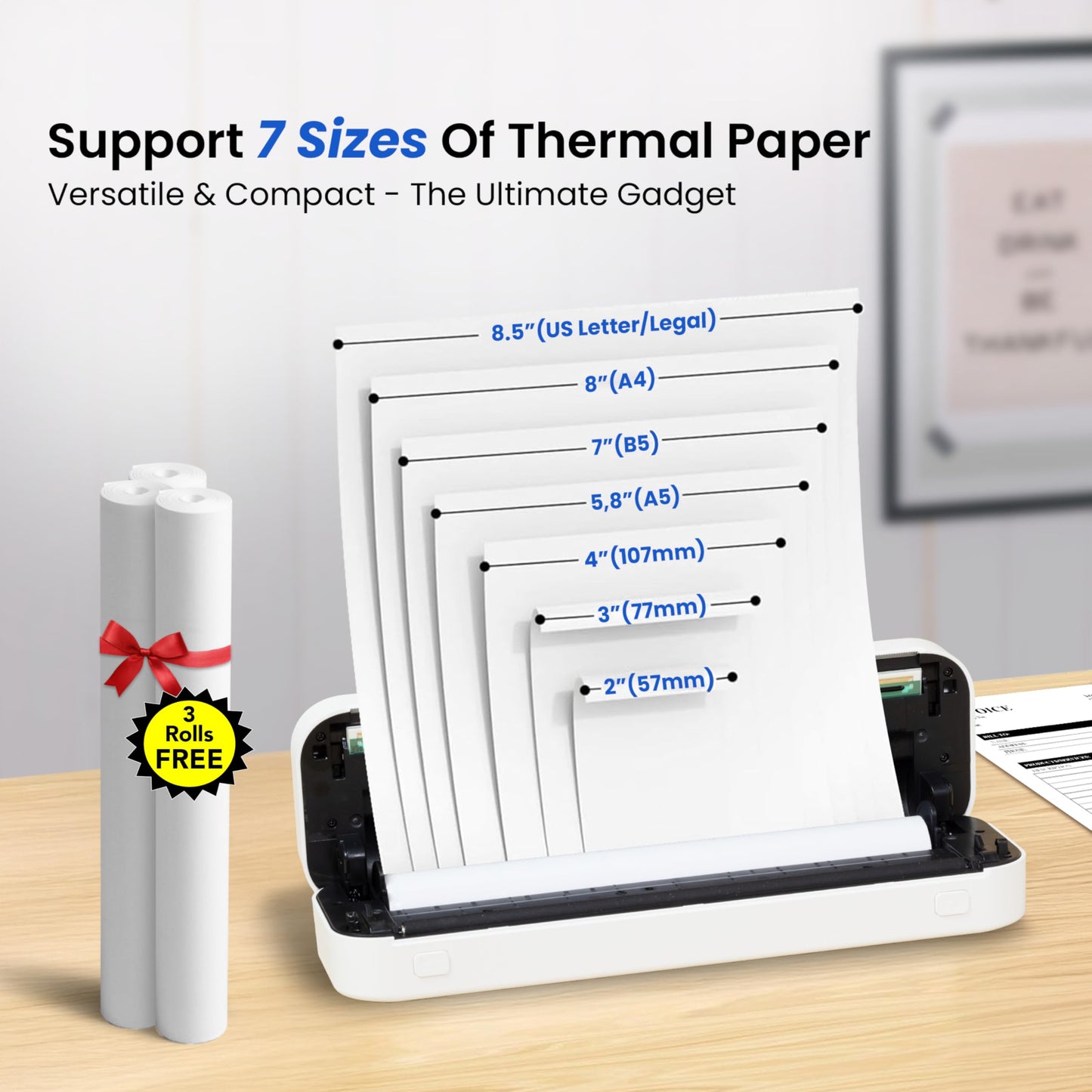 2025 Inkless Portable Printer Wireless for Travel, Bluetooth Thermal Printer Supports 8.5x11 US Letter, Compatible with iOS, Android, MAC, Windows for Office, Car and Home, w/Case+ 3 thermal rolls Kit