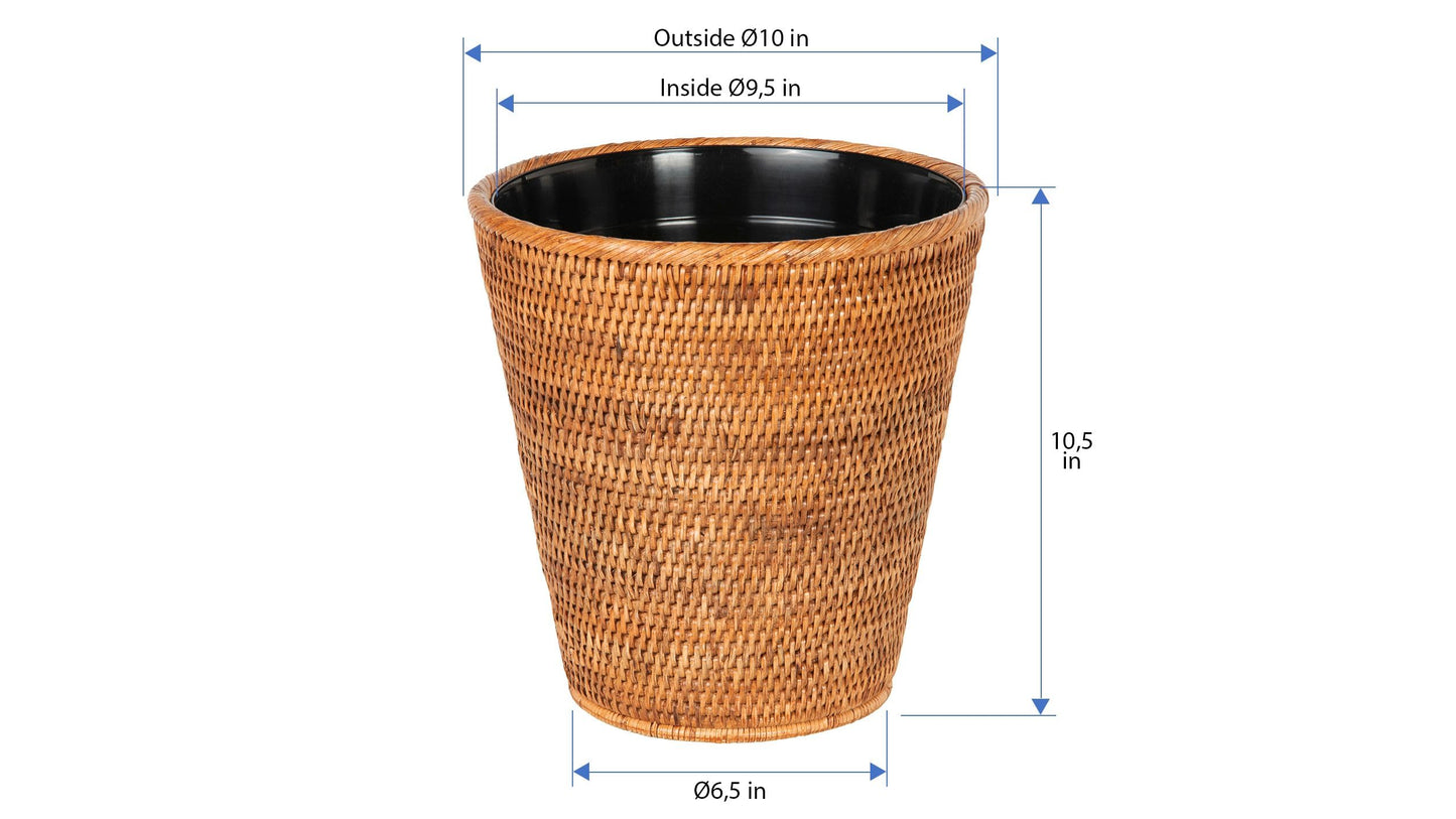 Mekomy KOUBOO La Jolla Rattan Wastebasket with Plastic Insert, Handmade, Trash Can, Small Wastebasket, Bedroom, Bathroom, Vanity, RV, Dorm, Honey Brown