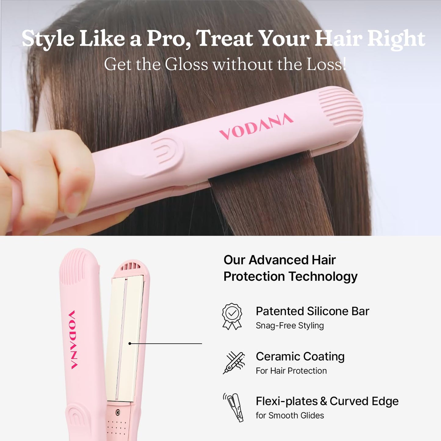 VODANA Professional Softbar Flat Iron - Ceramic Straightener with Patented Silicone Bar, Smooth & Quick Styling, Healthy Hair Solution, Dual Voltage for Worldwide Use (1 inch, Pink Vanilla)